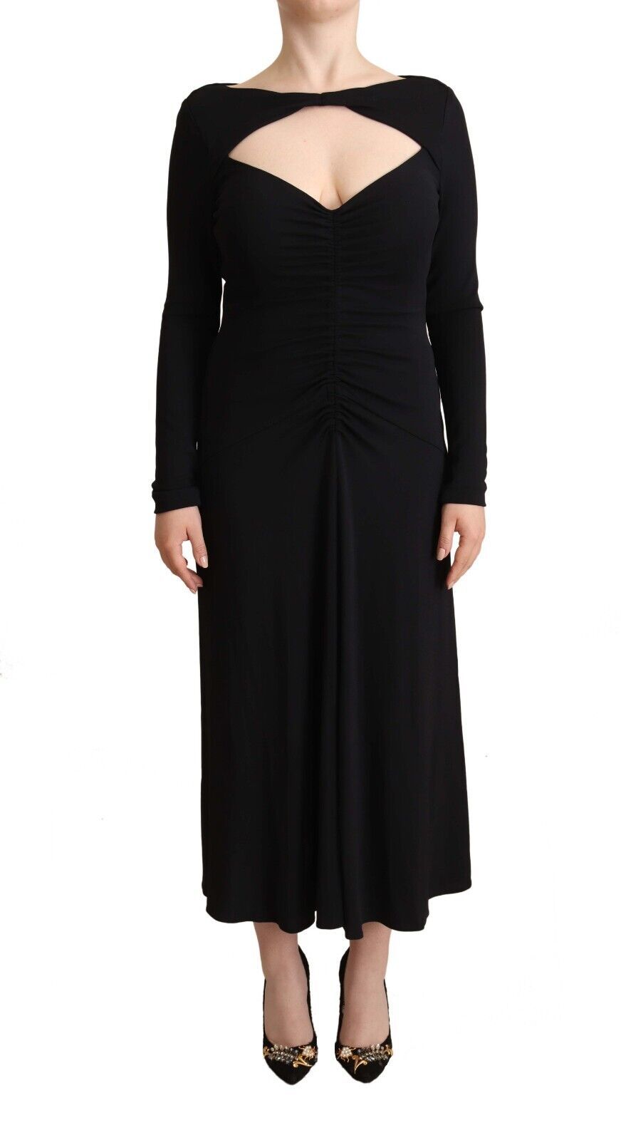 PINKO – Schwarzes Maxikleid aus Nylon-Stretch mit langen Ärmeln und tiefem V-Ausschnitt