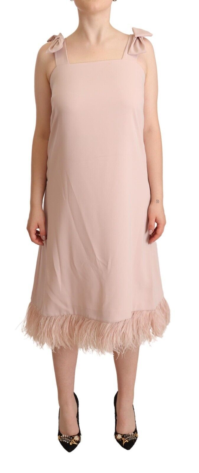 PAROSH – Ärmelloses Midi-Etuikleid aus Polyester mit Federn in Rosa