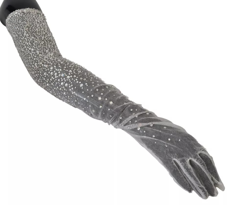 Dolce & Gabbana – Ellenbogenlange Handschuhe aus Baumwolltüll in Weiß mit Kristallen
