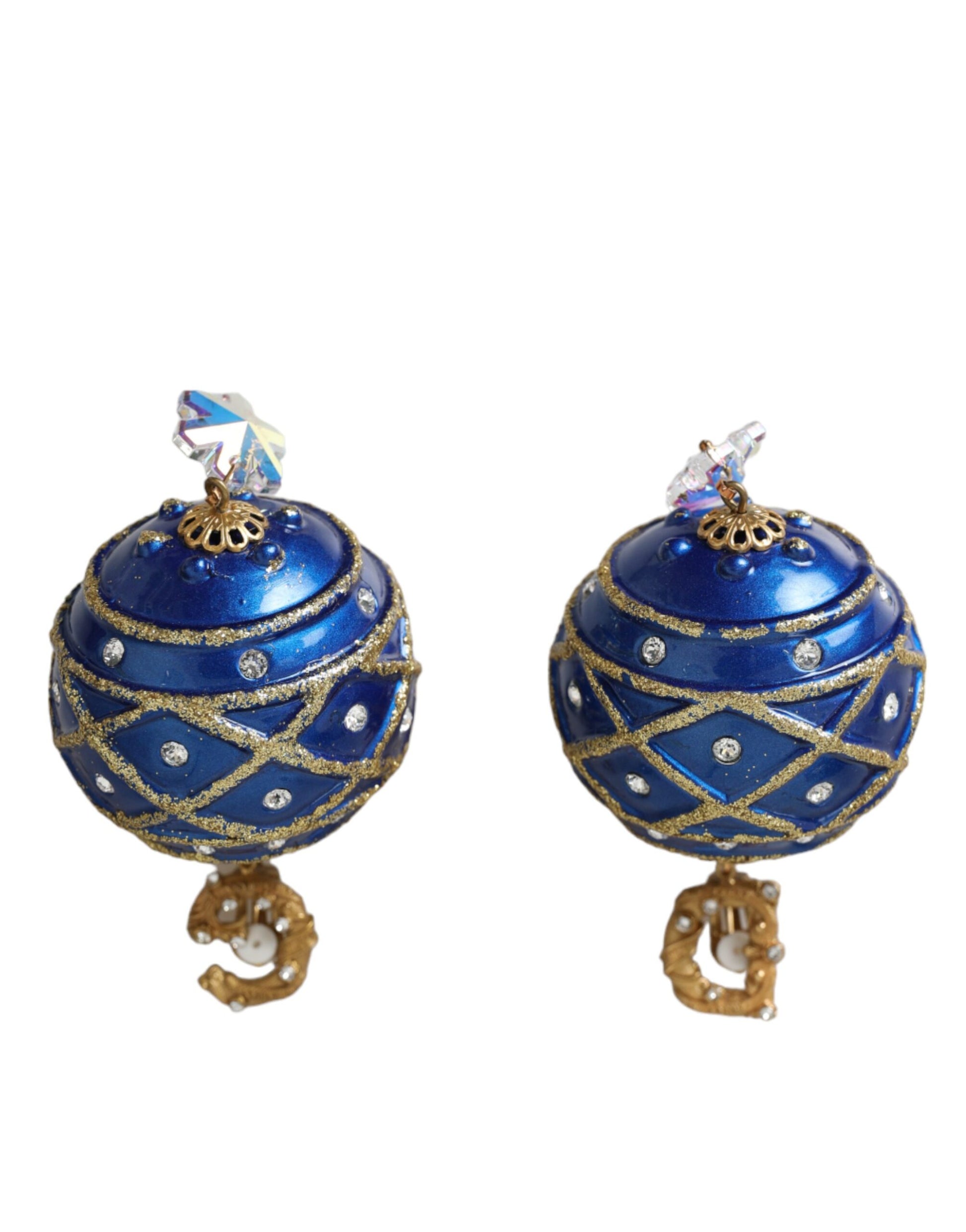 Dolce & Gabbana – Ohrclips mit Weihnachtskugeln und blauem Kristall in Messing