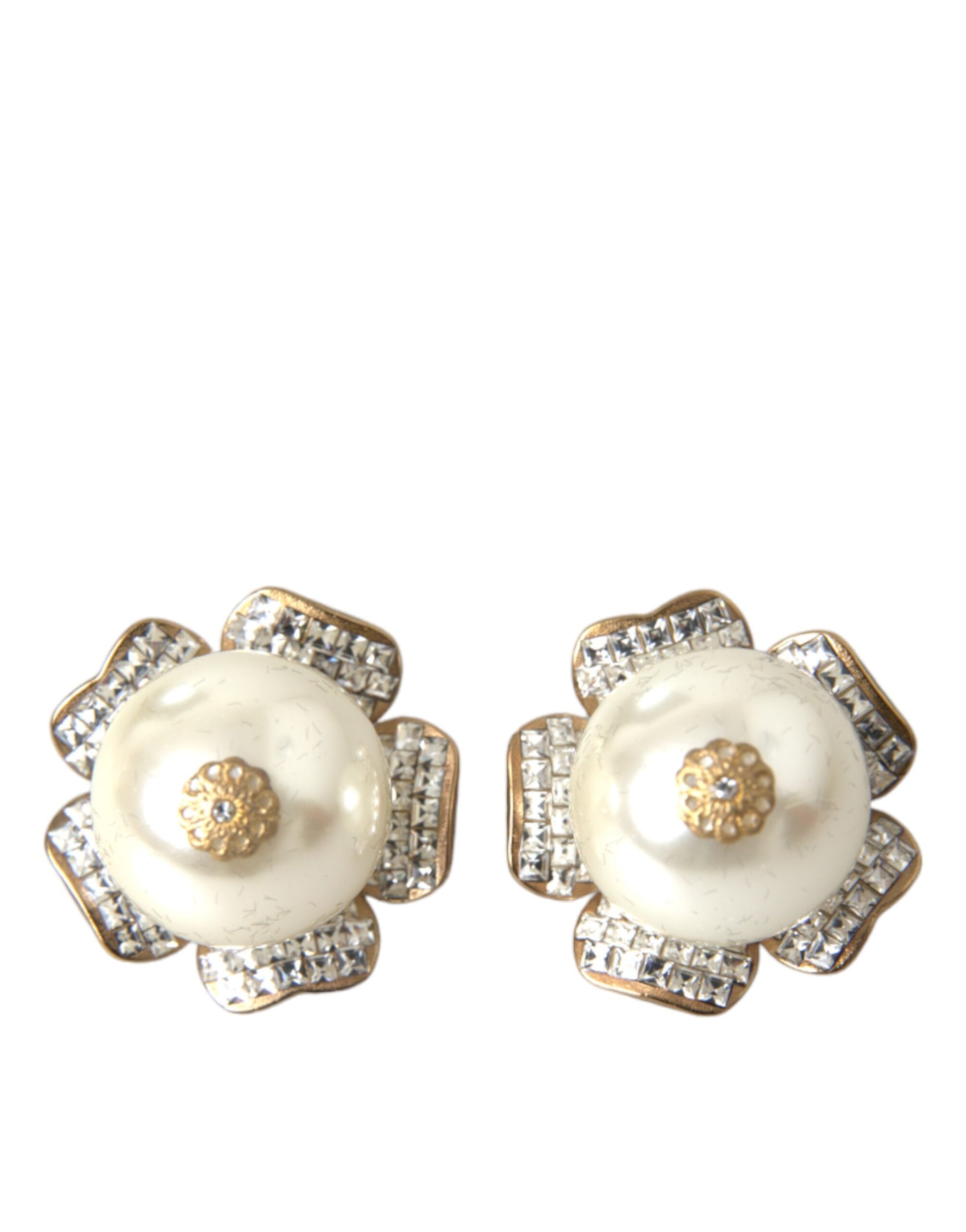 Dolce & Gabbana – Goldfarbene Maxi-Ohrclips mit Kunstperlen und Blumenmuster