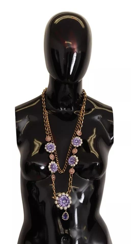 Dolce & Gabbana – Goldfarbene Halskette mit floralen Kristallen und lila Verzierung