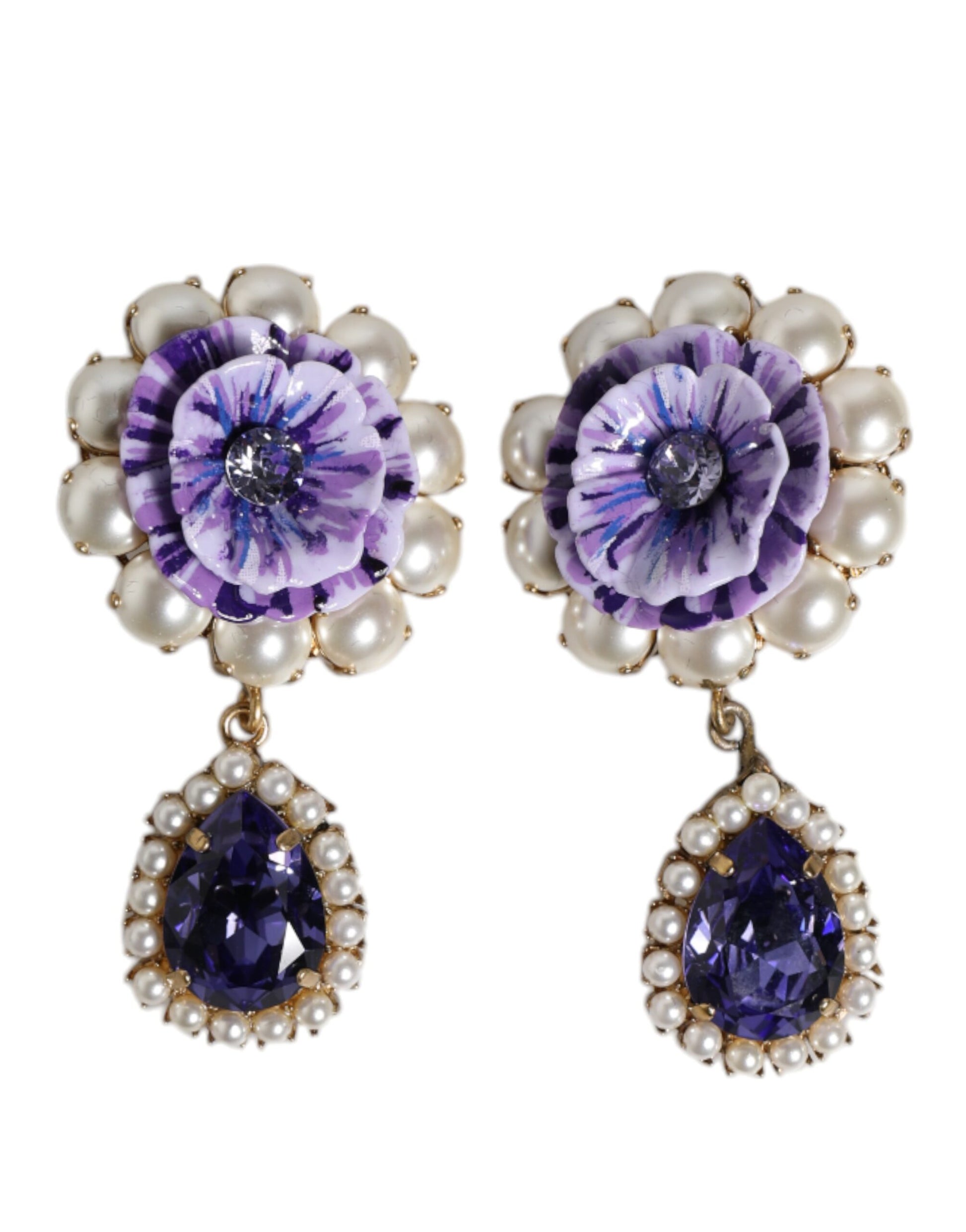 Dolce & Gabbana – Ohrclips mit lilafarbenen Blumenperlen und Kristallen in Tropfenform