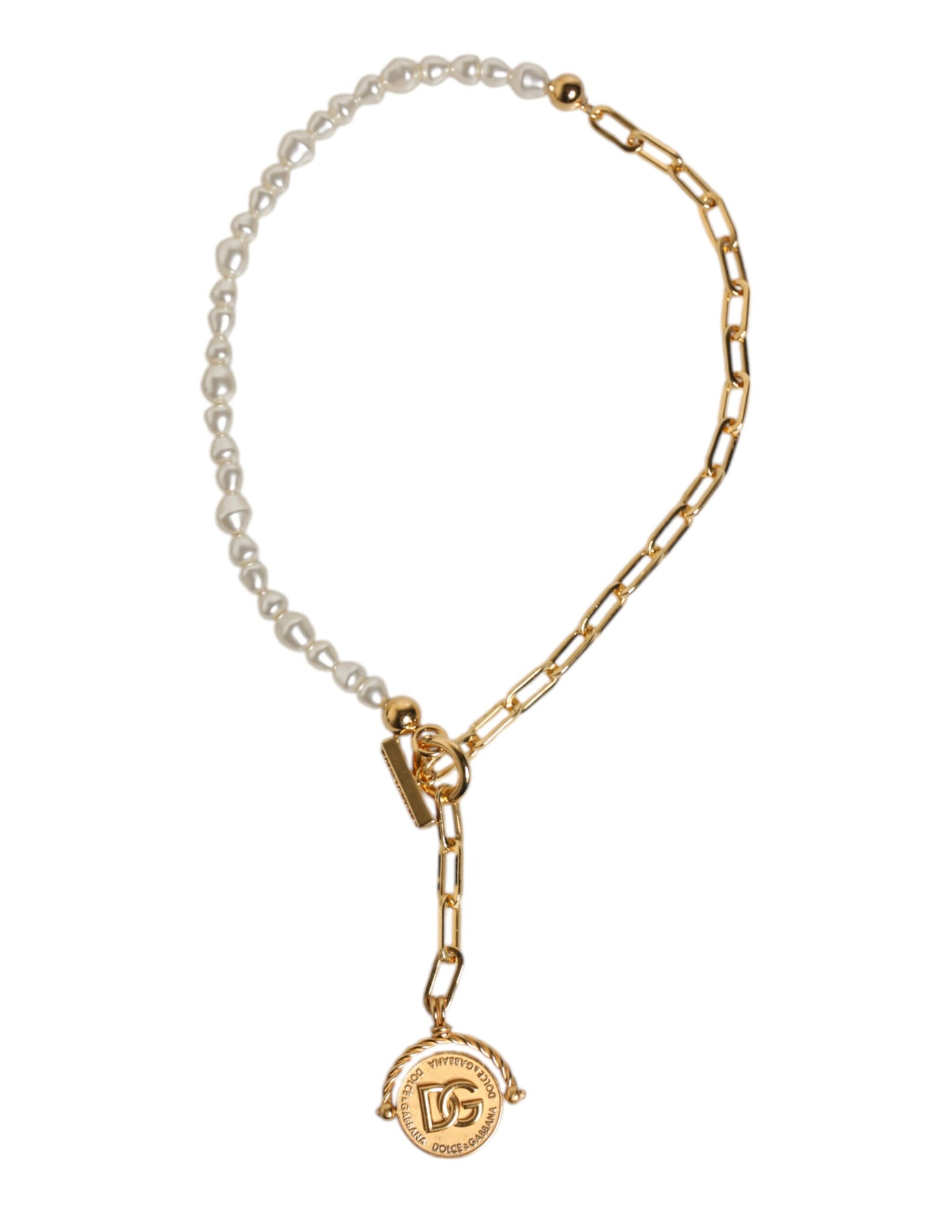 Dolce & Gabbana Halskette mit Logo-Anhänger aus Messing mit goldener Kette und Kunstperlen