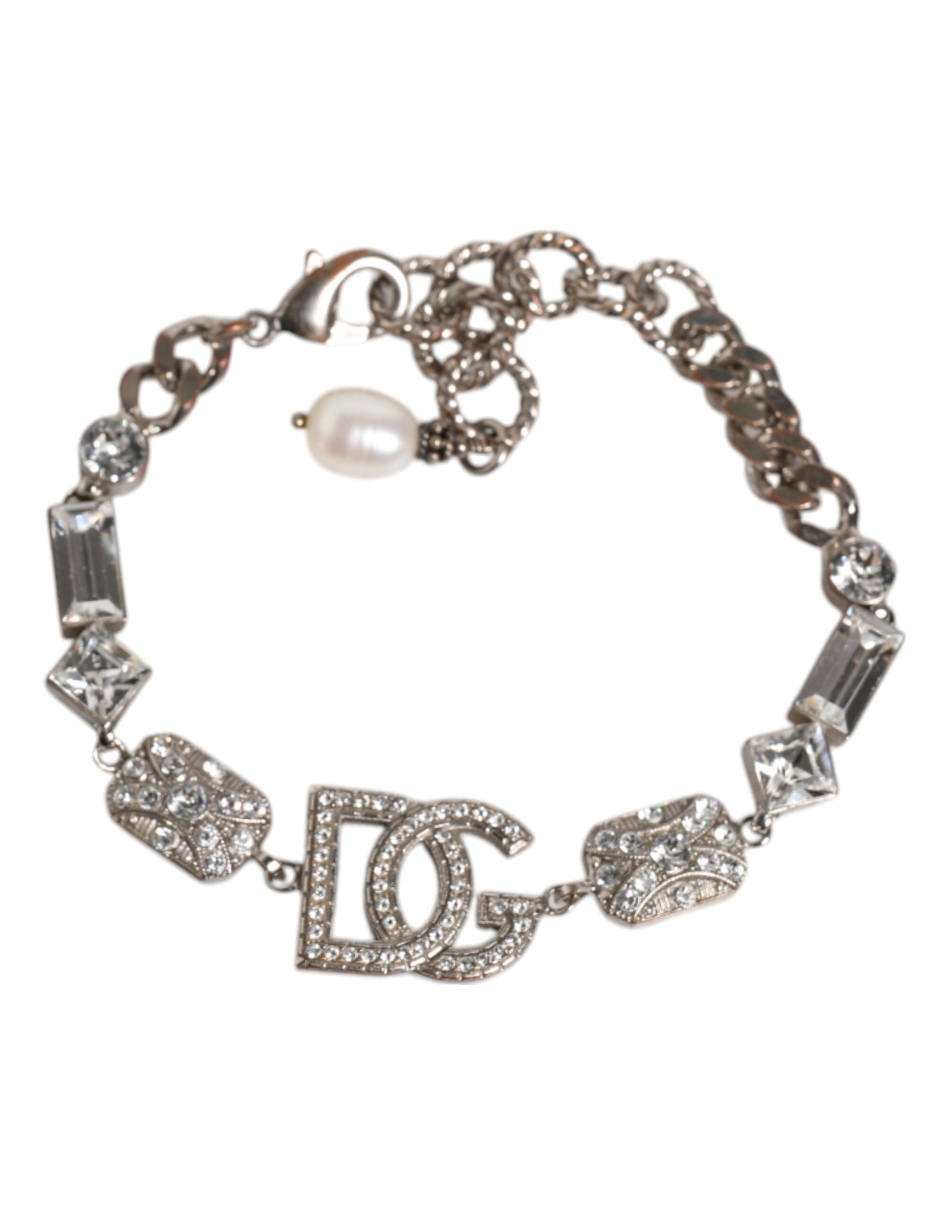 Dolce & Gabbana – Armband aus silbernem Messing mit DG-Logo-Anhänger und Kristallverzierung