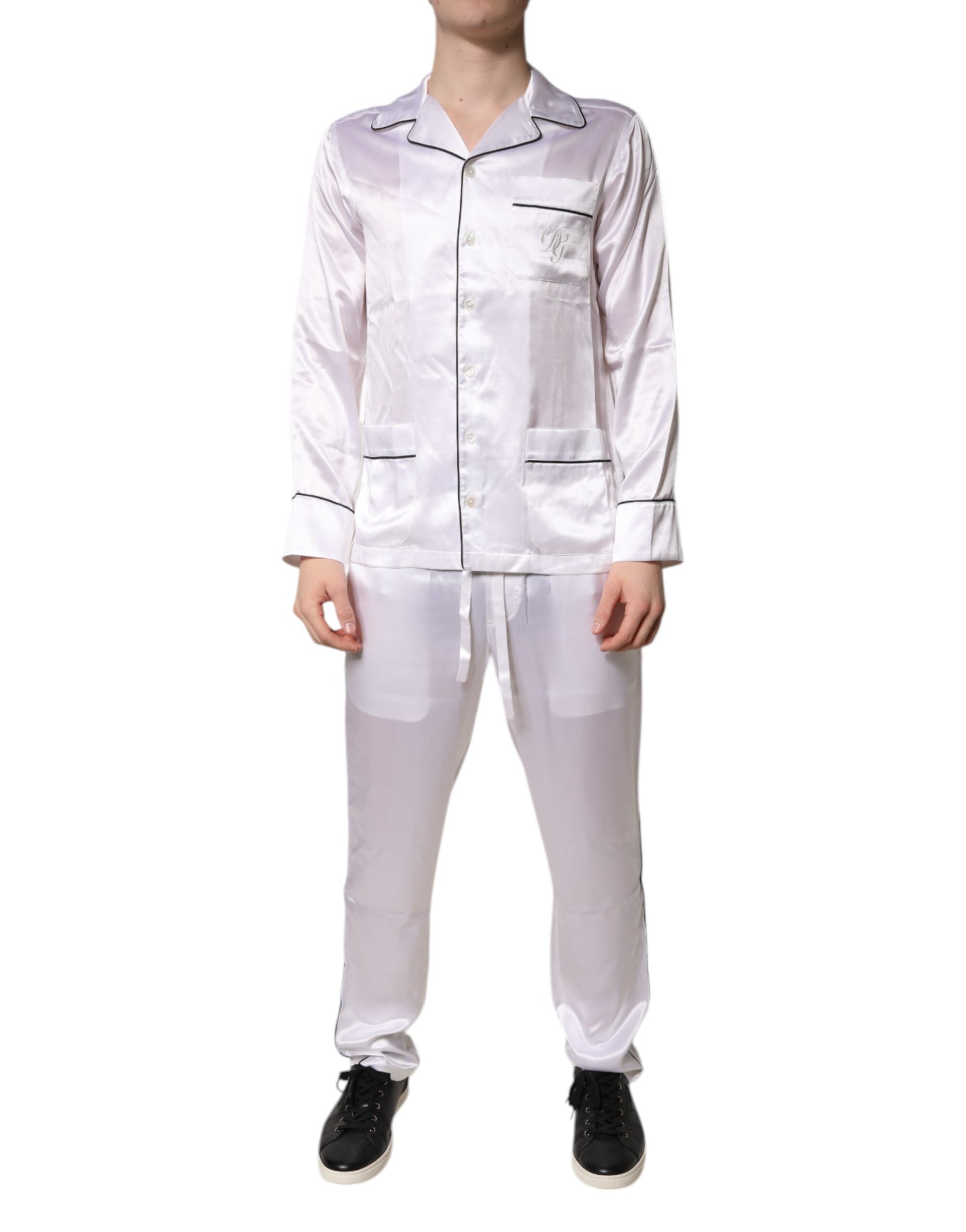 Dolce & Gabbana Weiß Satin Seide Männer Pyjama Set Nachtwäsche