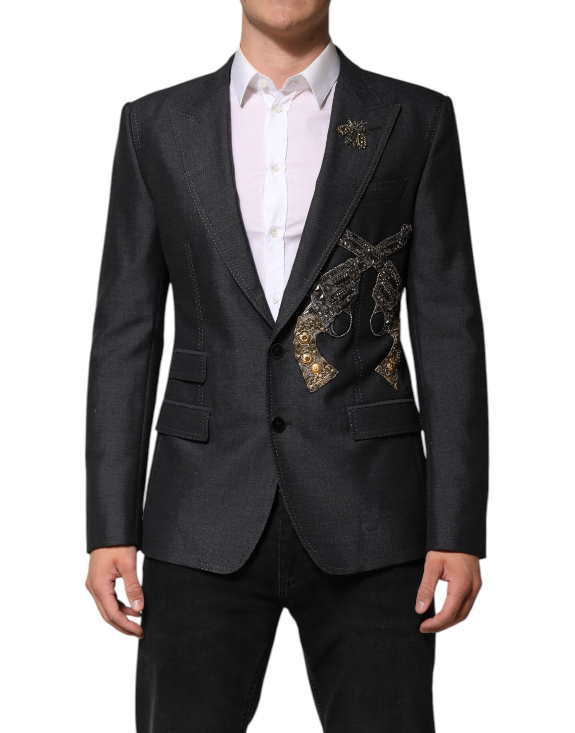 Dolce & Gabbana – Dunkelgrauer Wollmantel-Blazer mit Bienenstickerei
