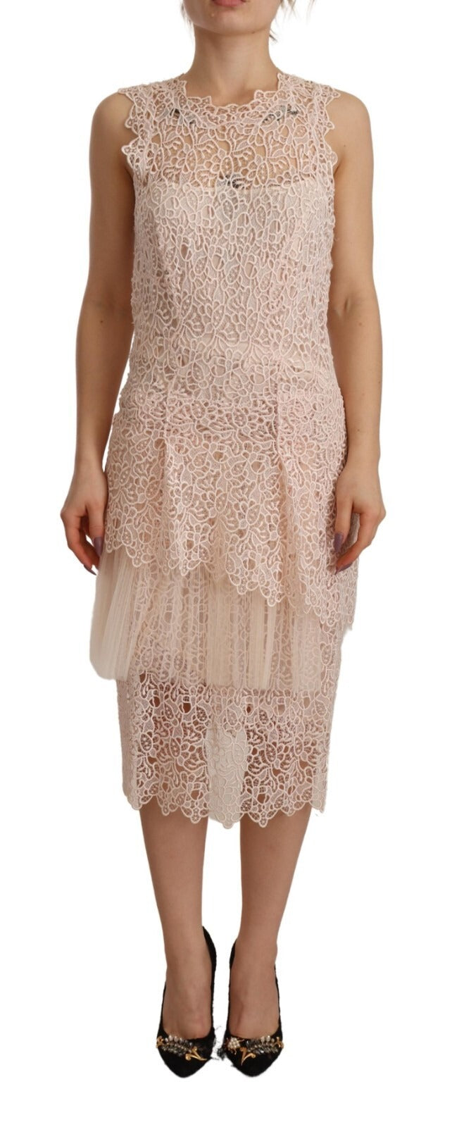 Robe midi sans manches en viscose beige à étages Ermanno Scervino