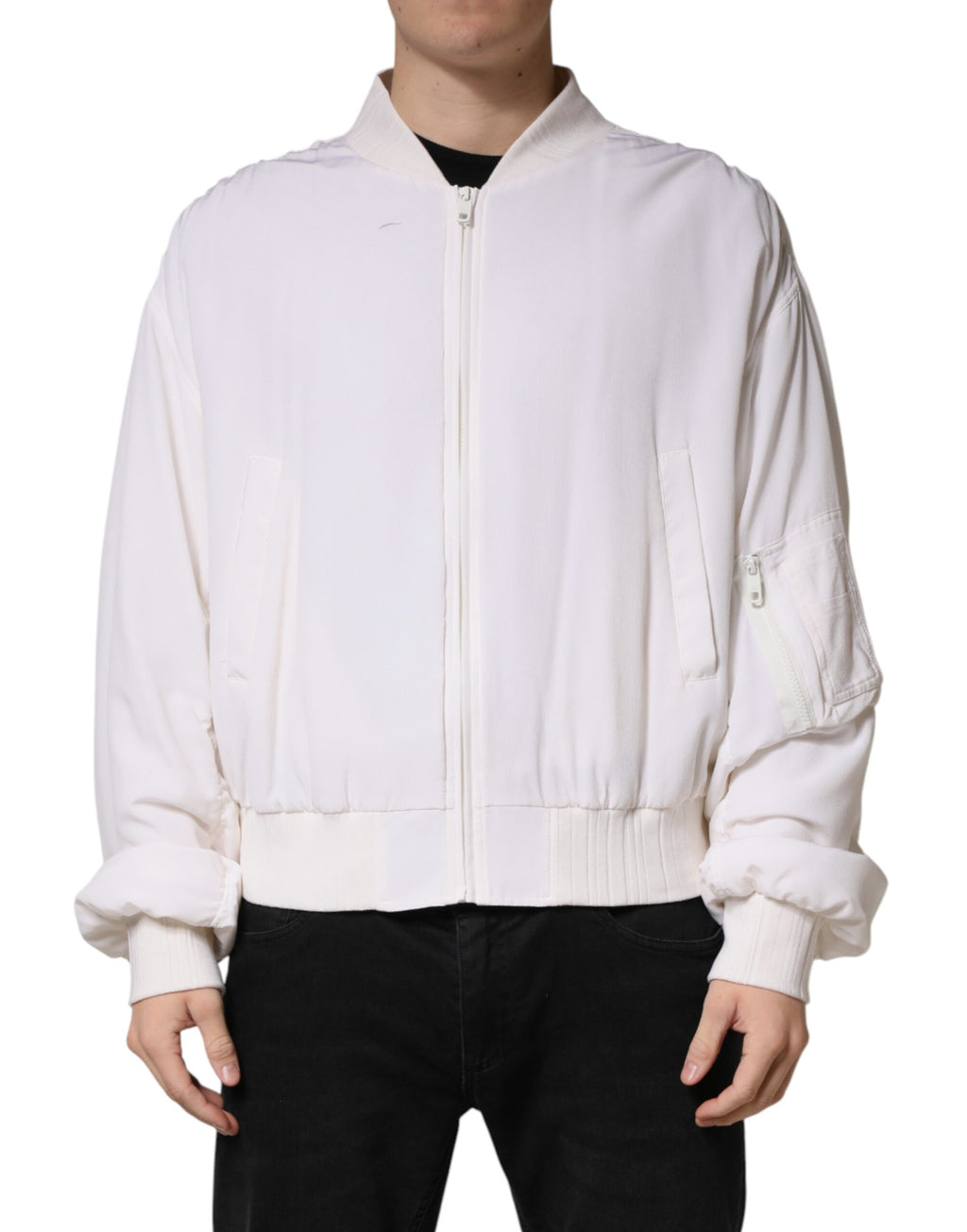 Blouson aviateur Dolce & Gabbana en soie blanche avec fermeture éclair intégrale