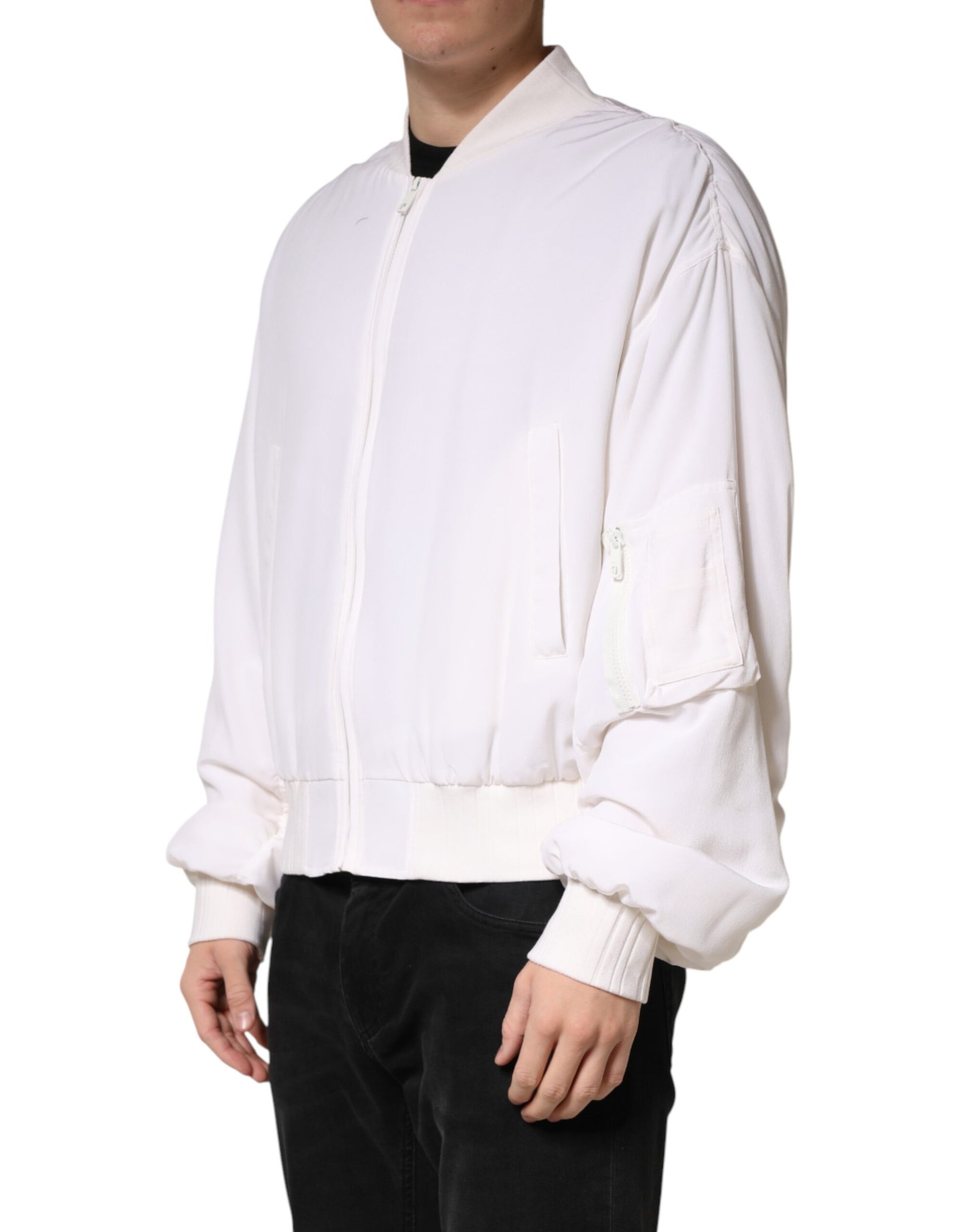 Blouson aviateur Dolce & Gabbana en soie blanche avec fermeture éclair intégrale