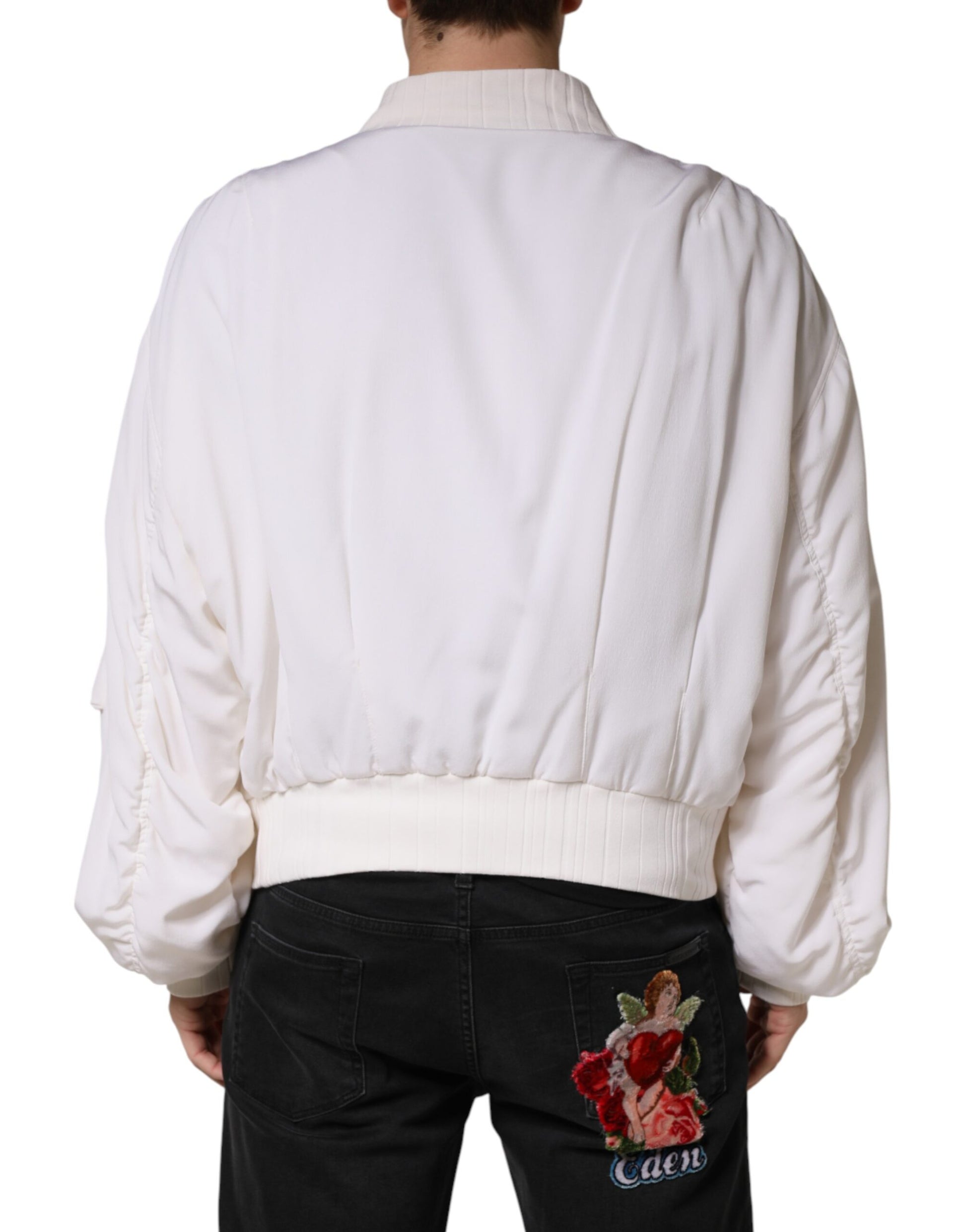 Blouson aviateur Dolce & Gabbana en soie blanche avec fermeture éclair intégrale