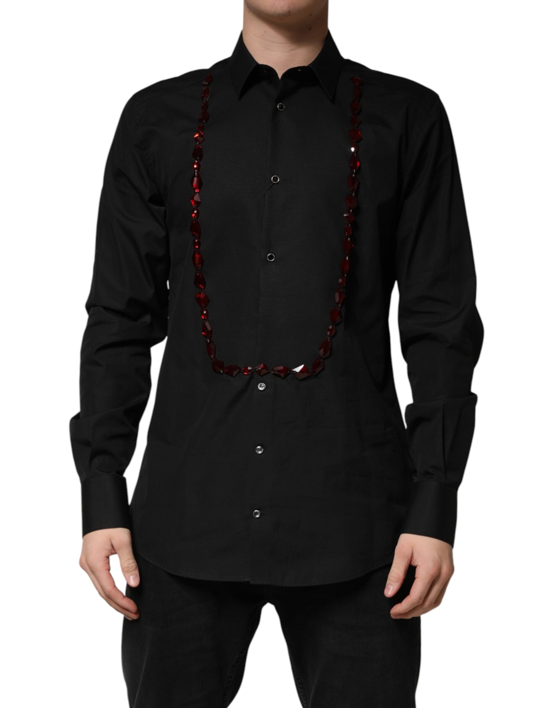 Chemise Habillée en Coton Noire avec Cristaux Dorés Dolce & Gabbana