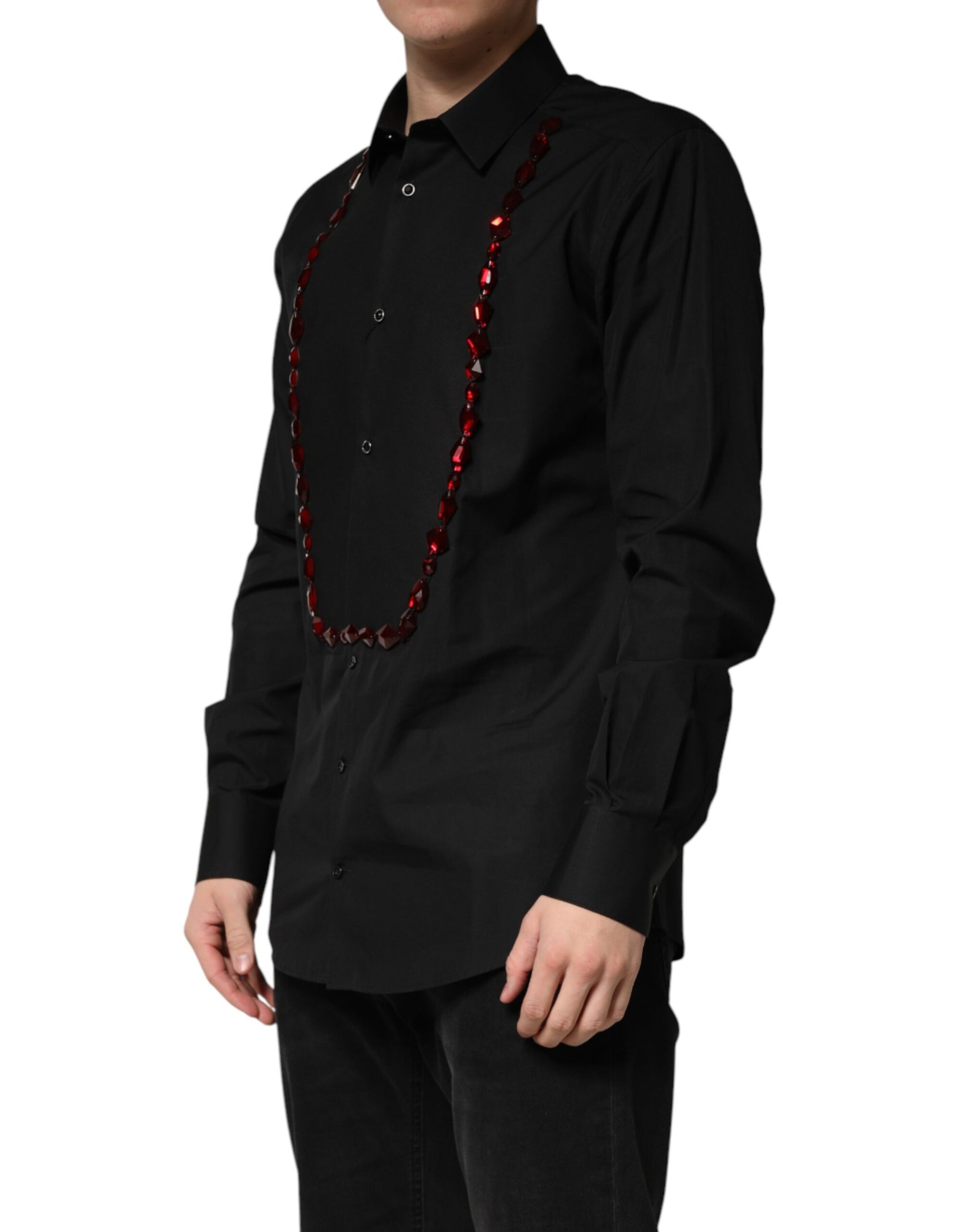 Chemise Habillée en Coton Noire avec Cristaux Dorés Dolce & Gabbana