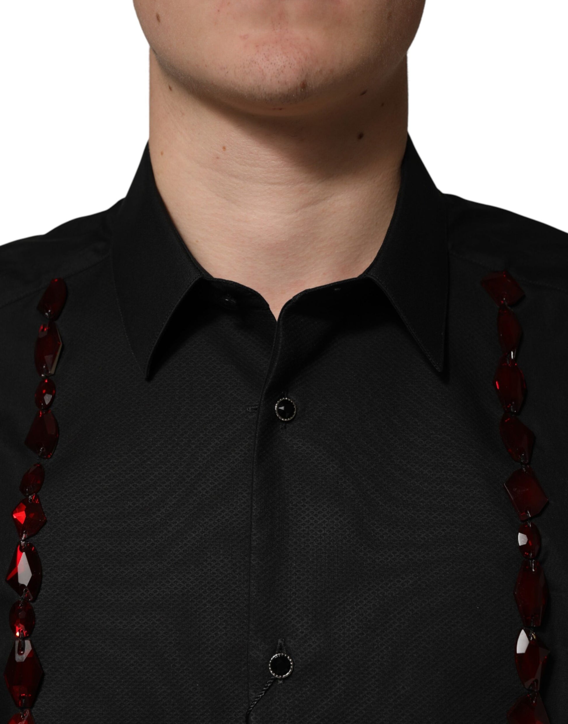 Chemise Habillée en Coton Noire avec Cristaux Dorés Dolce & Gabbana
