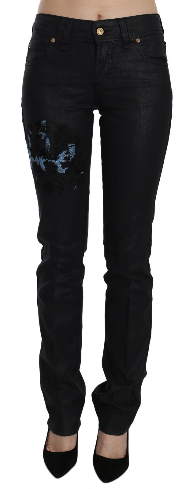 Jean en jean skinny taille moyenne brodé floral motif Cygne noir John Galliano