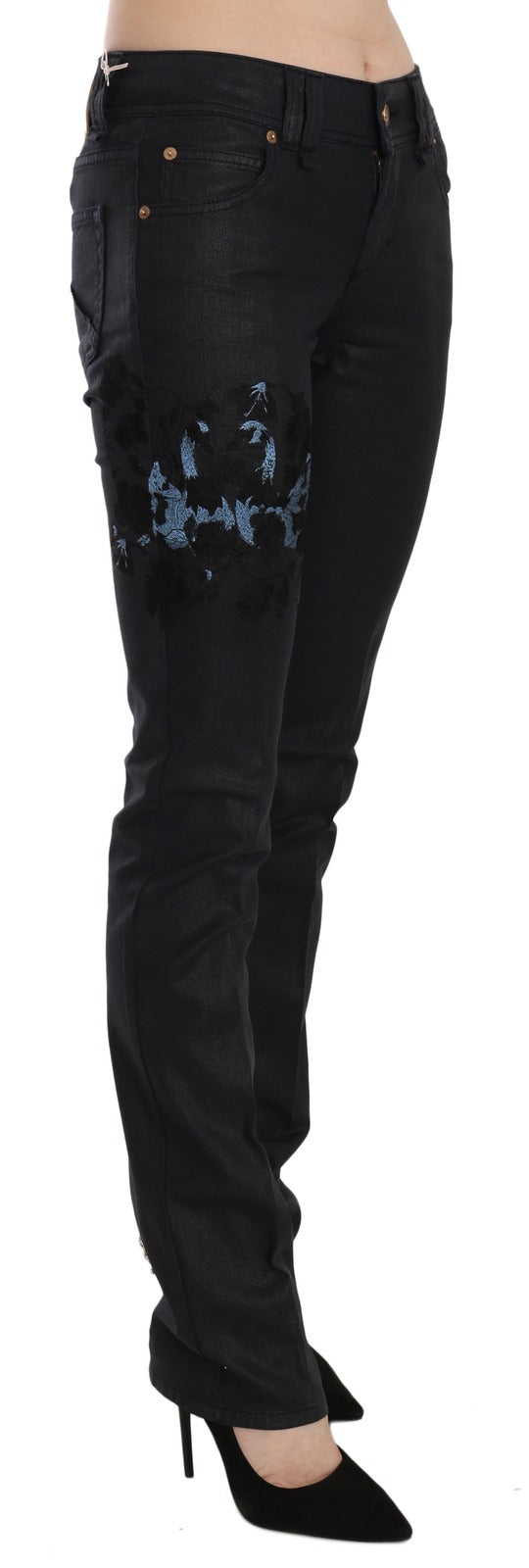 Jean en jean skinny taille moyenne brodé floral motif Cygne noir John Galliano