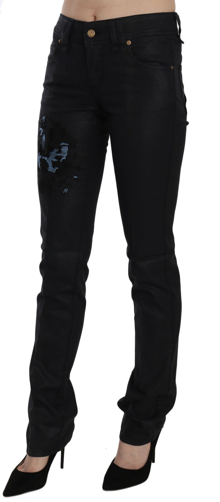 Jean en jean skinny taille moyenne brodé floral motif Cygne noir John Galliano
