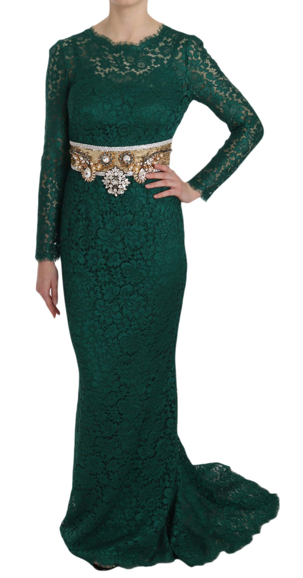 Robe fourreau Dolce & Gabbana en dentelle avec ceinture dorée et cristaux