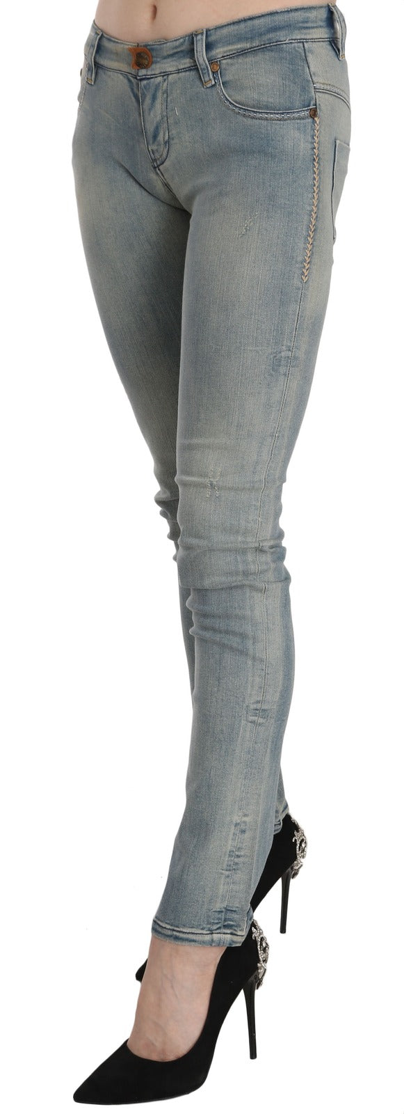 PLEIN SUD Jean skinny en denim délavé bleu clair taille mi-haute