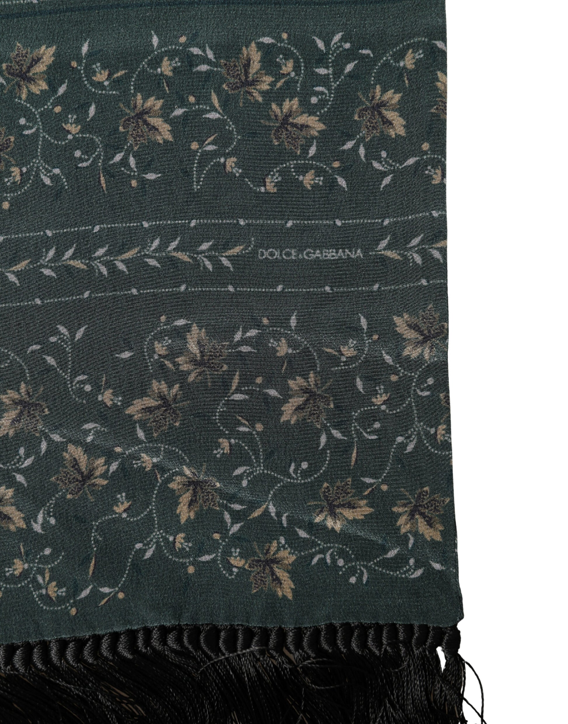 Écharpe Dolce & Gabbana en soie verte à motif floral, frangée, 135 cm x 16 cm