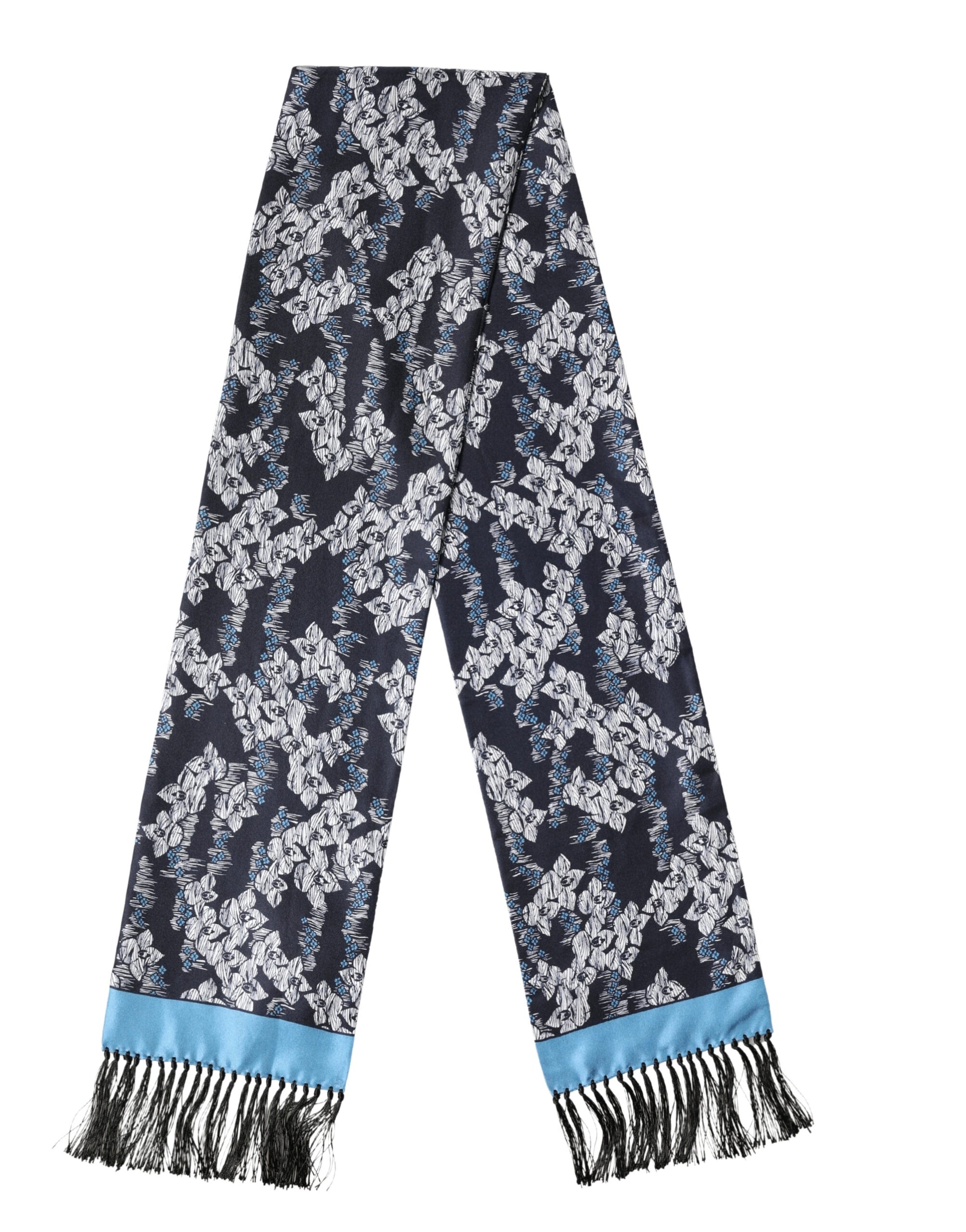 Écharpe Dolce & Gabbana en Soie Noire et Bleue à Motif Floral et Franges 140cm x 16cm