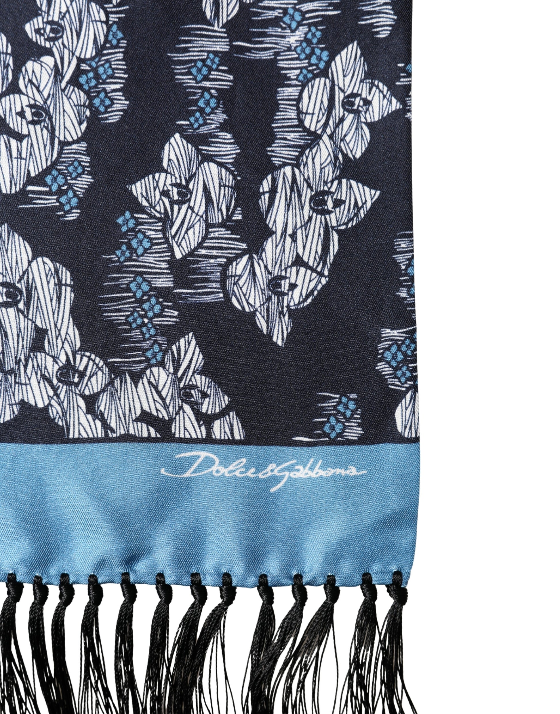 Écharpe Dolce & Gabbana en Soie Noire et Bleue à Motif Floral et Franges 140cm x 16cm