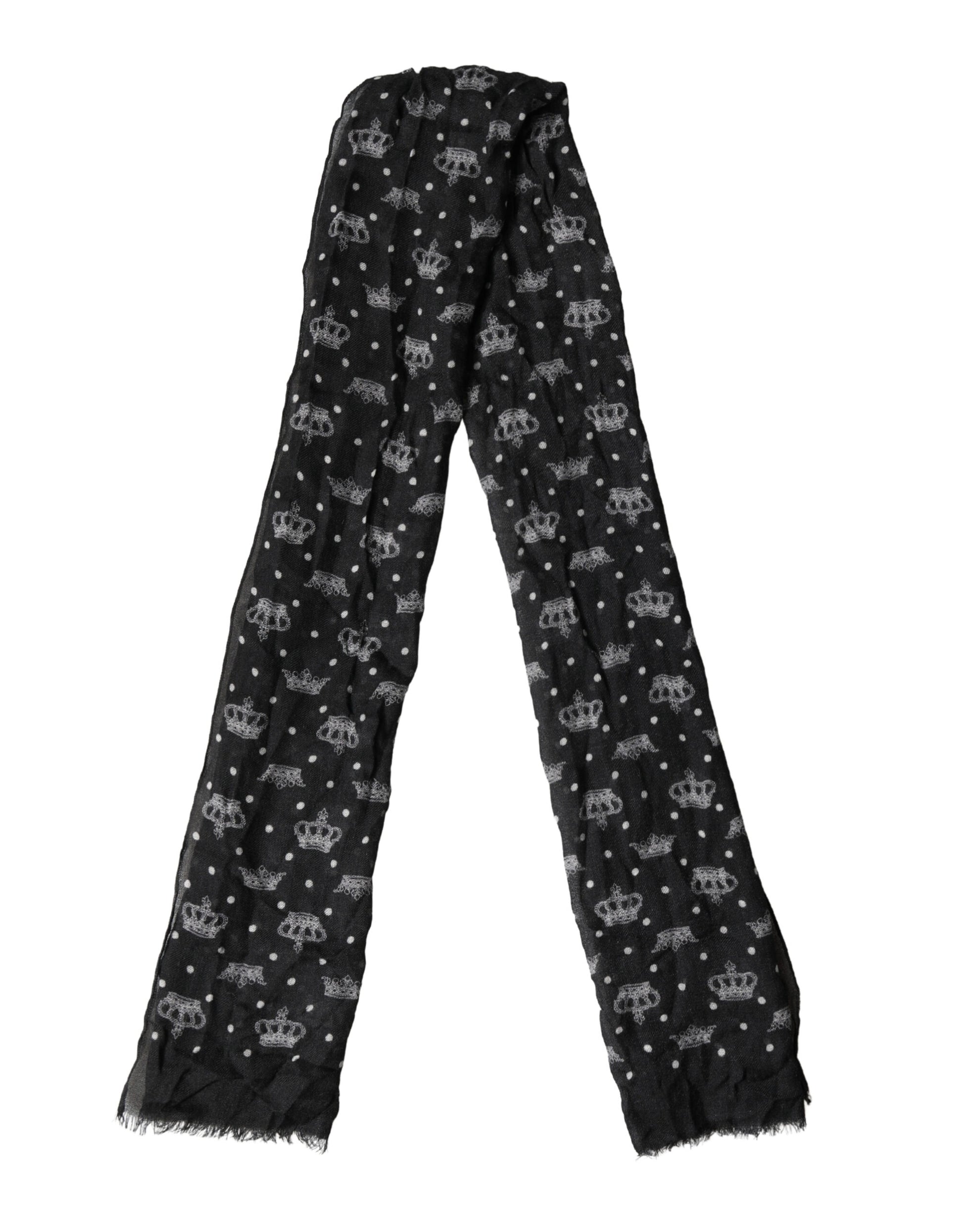 Dolce & Gabbana Black Wool Crown Print Fringe Neck Wrap 180cm x 65cm Scarf