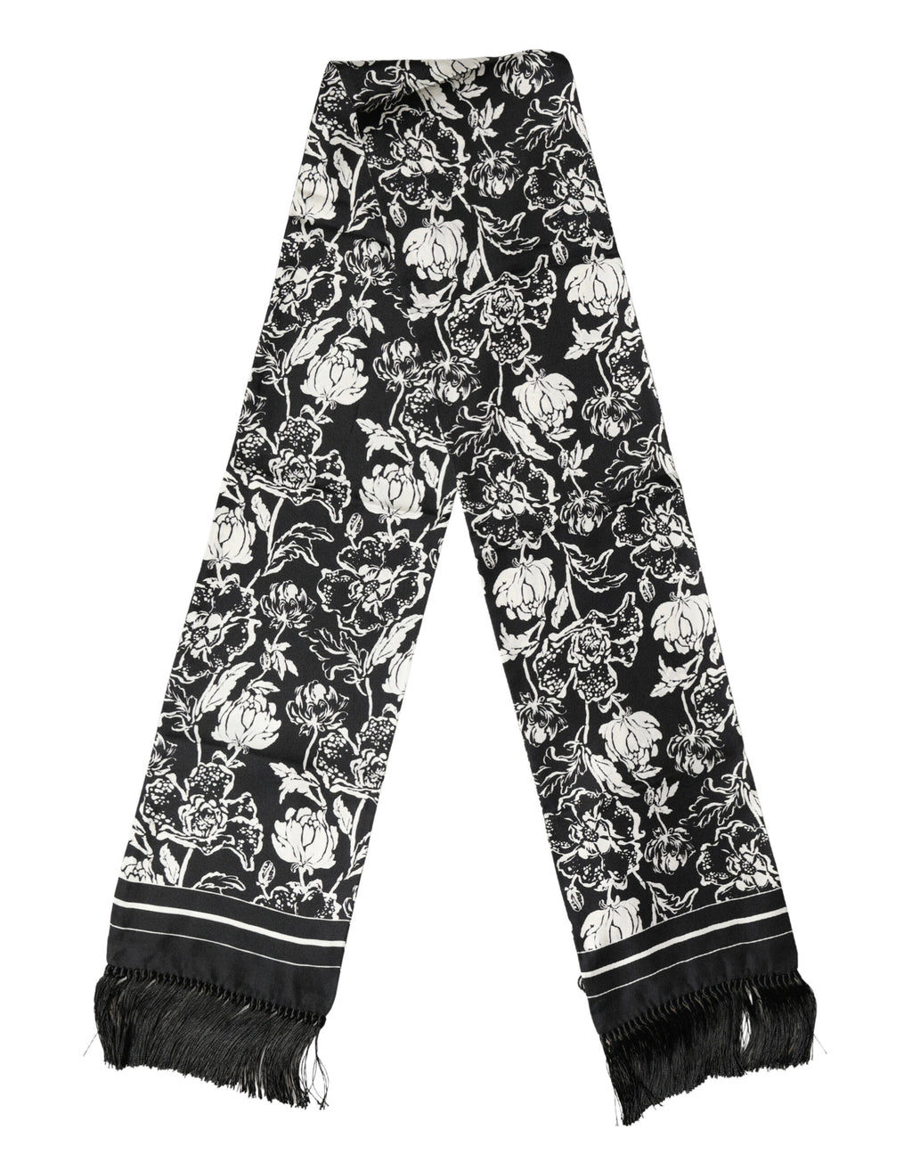Écharpe Dolce & Gabbana en soie noire et blanche à imprimé floral, à franges, 136 cm x 15,5 cm