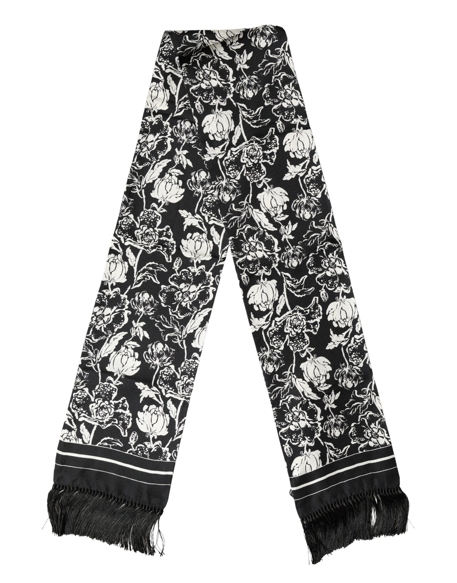 Écharpe Dolce & Gabbana en soie noire et blanche à imprimé floral, à franges, 136 cm x 15,5 cm