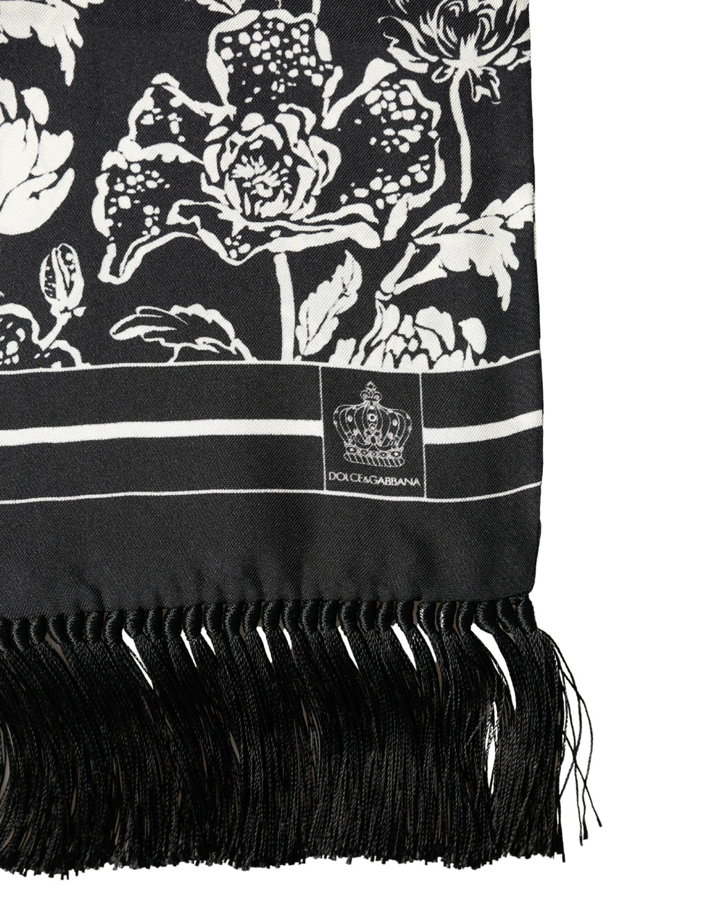 Écharpe Dolce & Gabbana en soie noire et blanche à imprimé floral, à franges, 136 cm x 15,5 cm