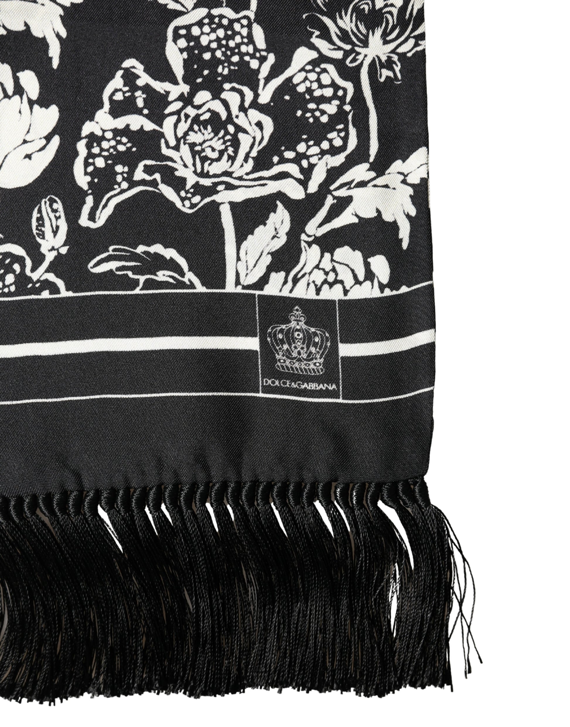 Écharpe Dolce & Gabbana en soie noire et blanche à imprimé floral, à franges, 136 cm x 15,5 cm