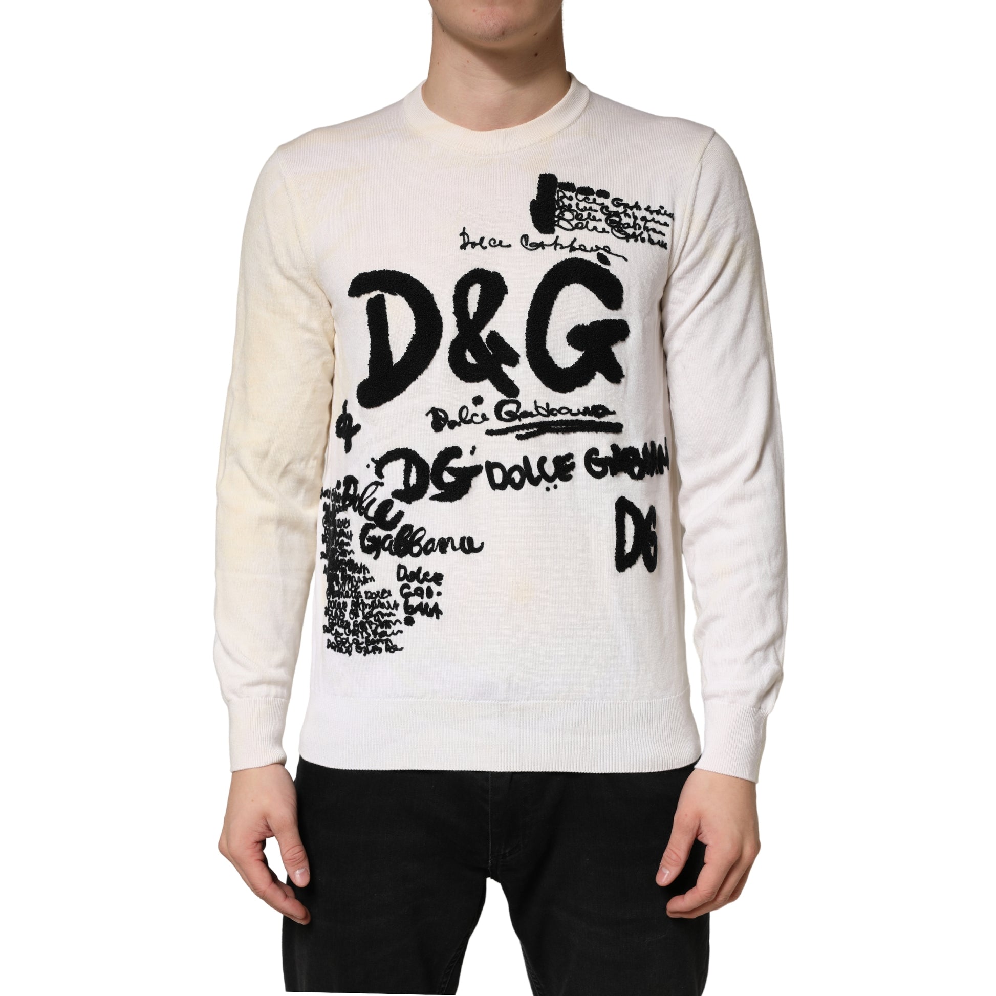 Pull ras du cou Dolce & Gabbana en pure laine vierge blanche avec logo graphique