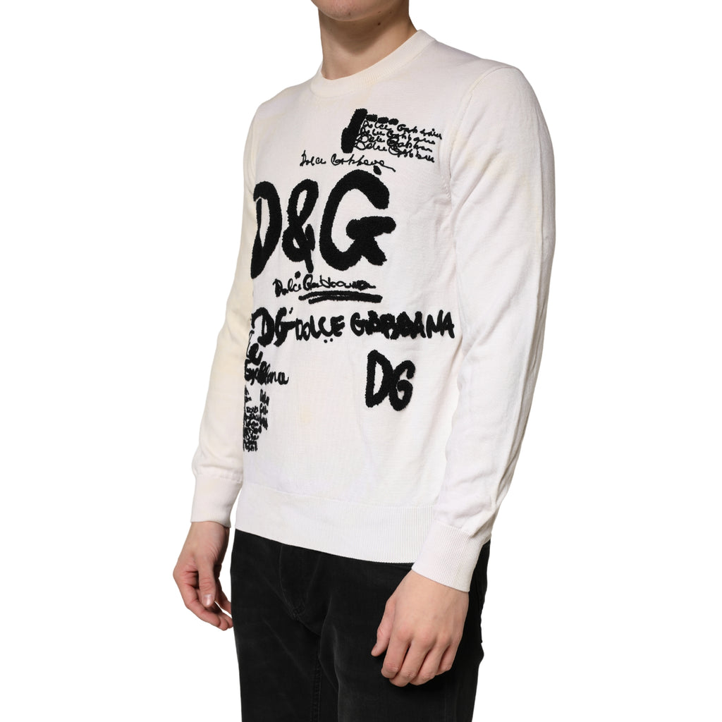 Pull ras du cou Dolce & Gabbana en pure laine vierge blanche avec logo graphique