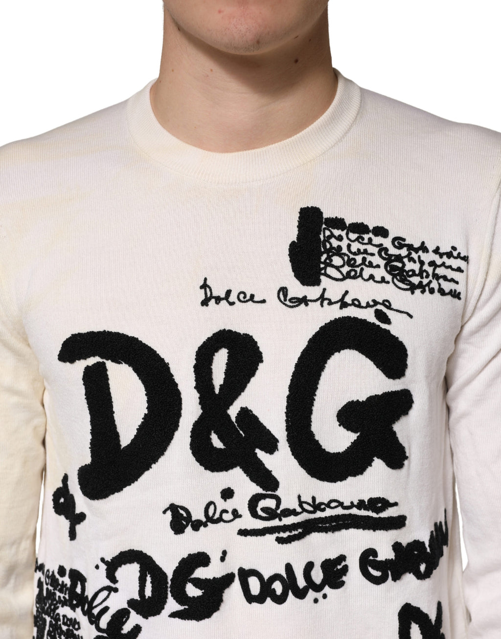 Pull ras du cou Dolce & Gabbana en pure laine vierge blanche avec logo graphique