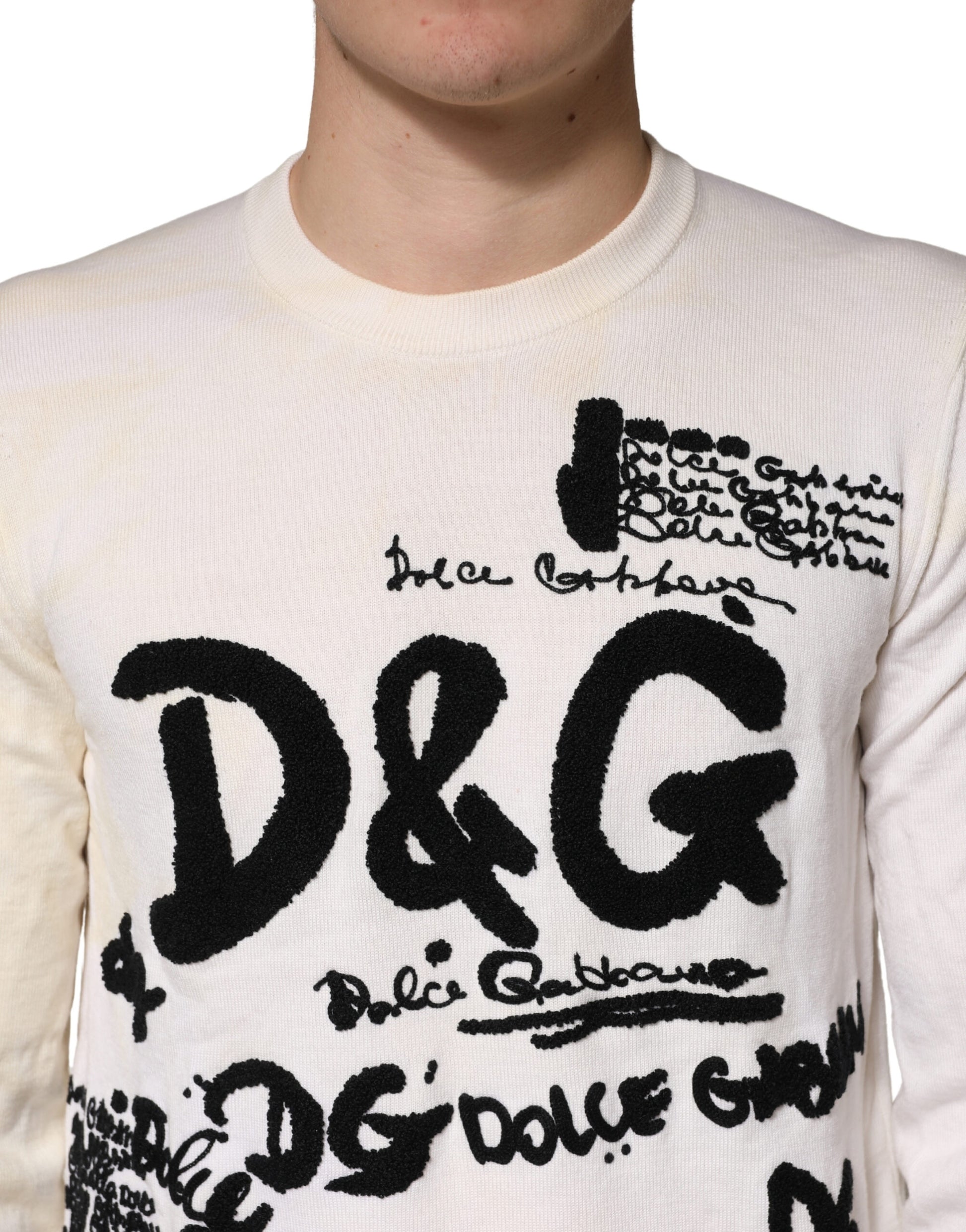 Pull ras du cou Dolce & Gabbana en pure laine vierge blanche avec logo graphique