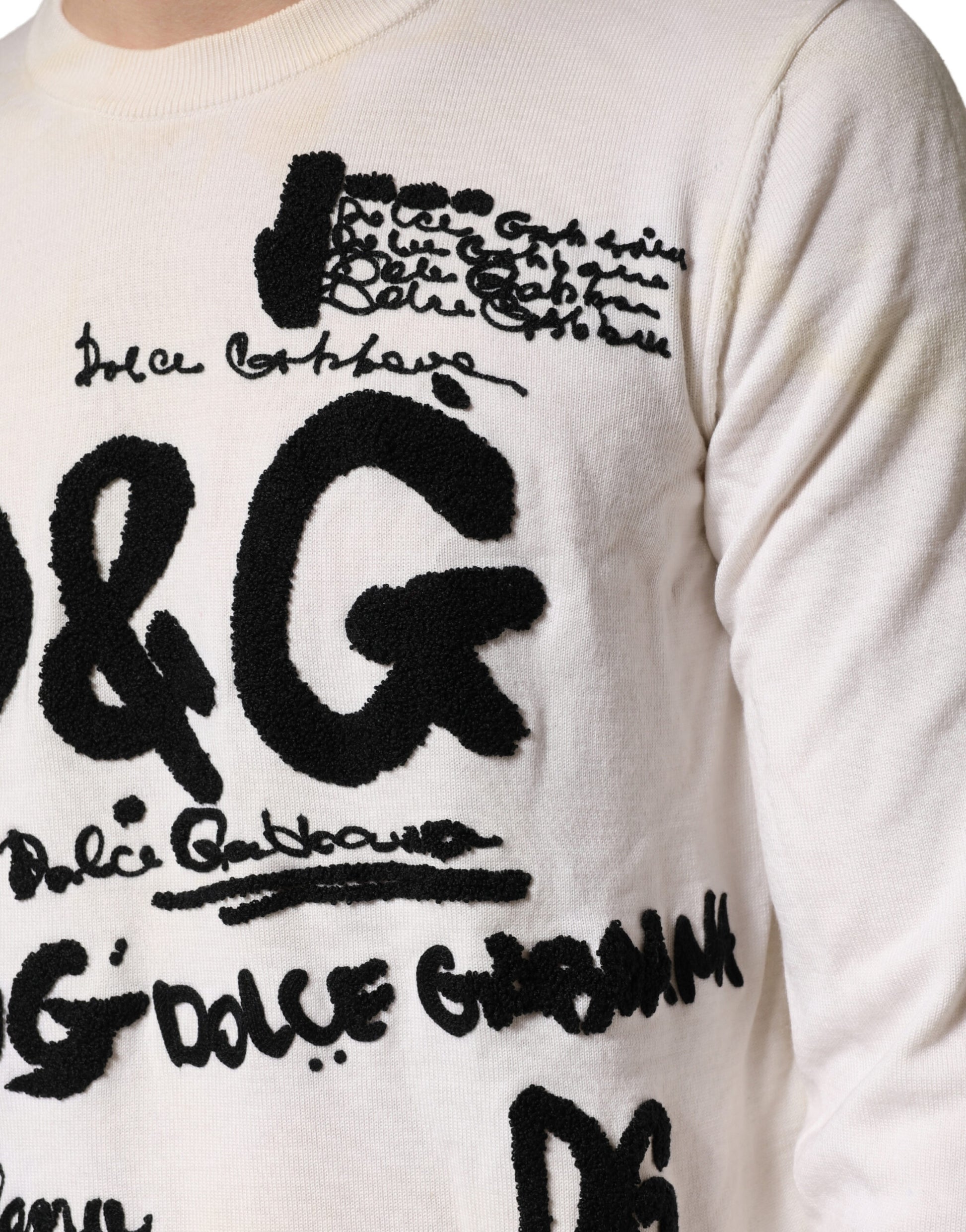 Pull ras du cou Dolce & Gabbana en pure laine vierge blanche avec logo graphique