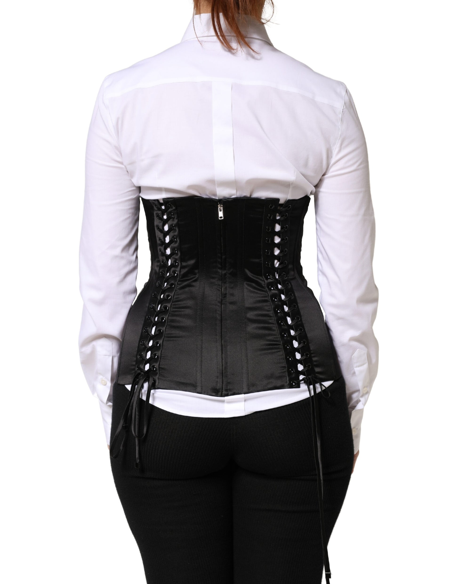 Dolce & Gabbana Black Silk Lace-Up Waist Cincher Corset Top