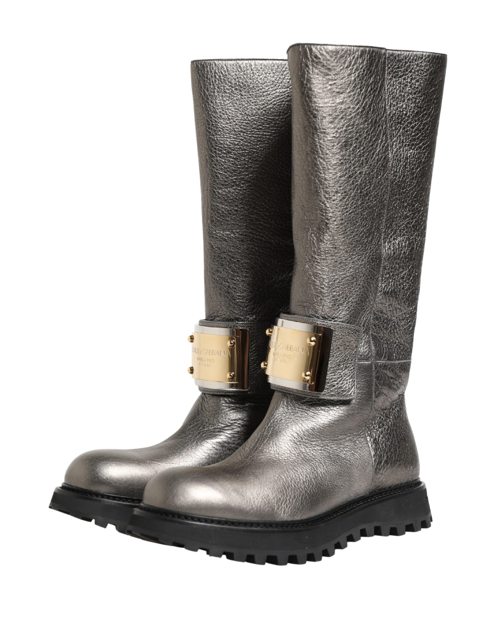 Bottes mi-mollet Dolce & Gabbana en cuir argenté métallisé
