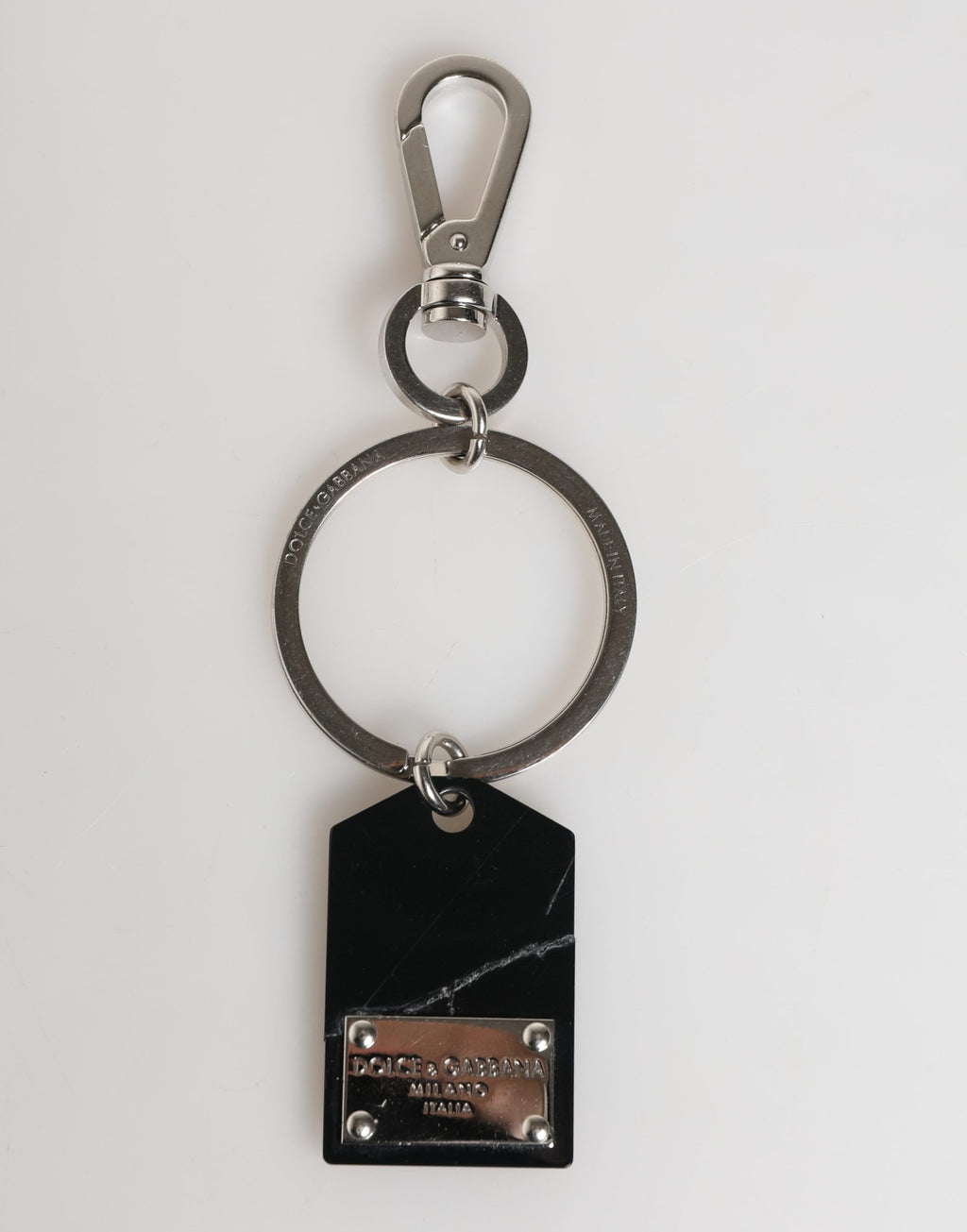 Dolce & Gabbana Porte-clés en métal argenté et laiton avec logo noir
