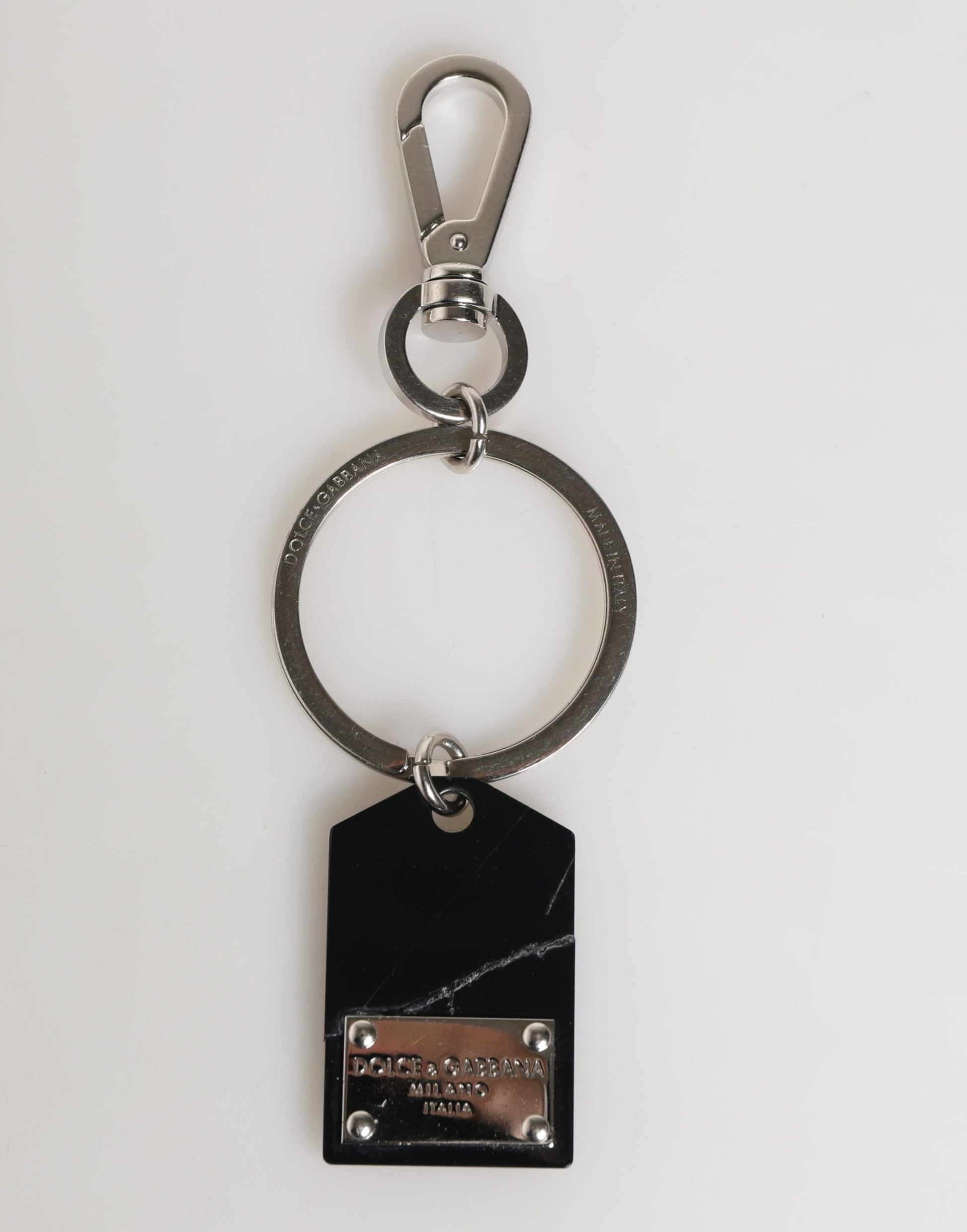 Dolce & Gabbana Porte-clés en métal argenté et laiton avec logo noir