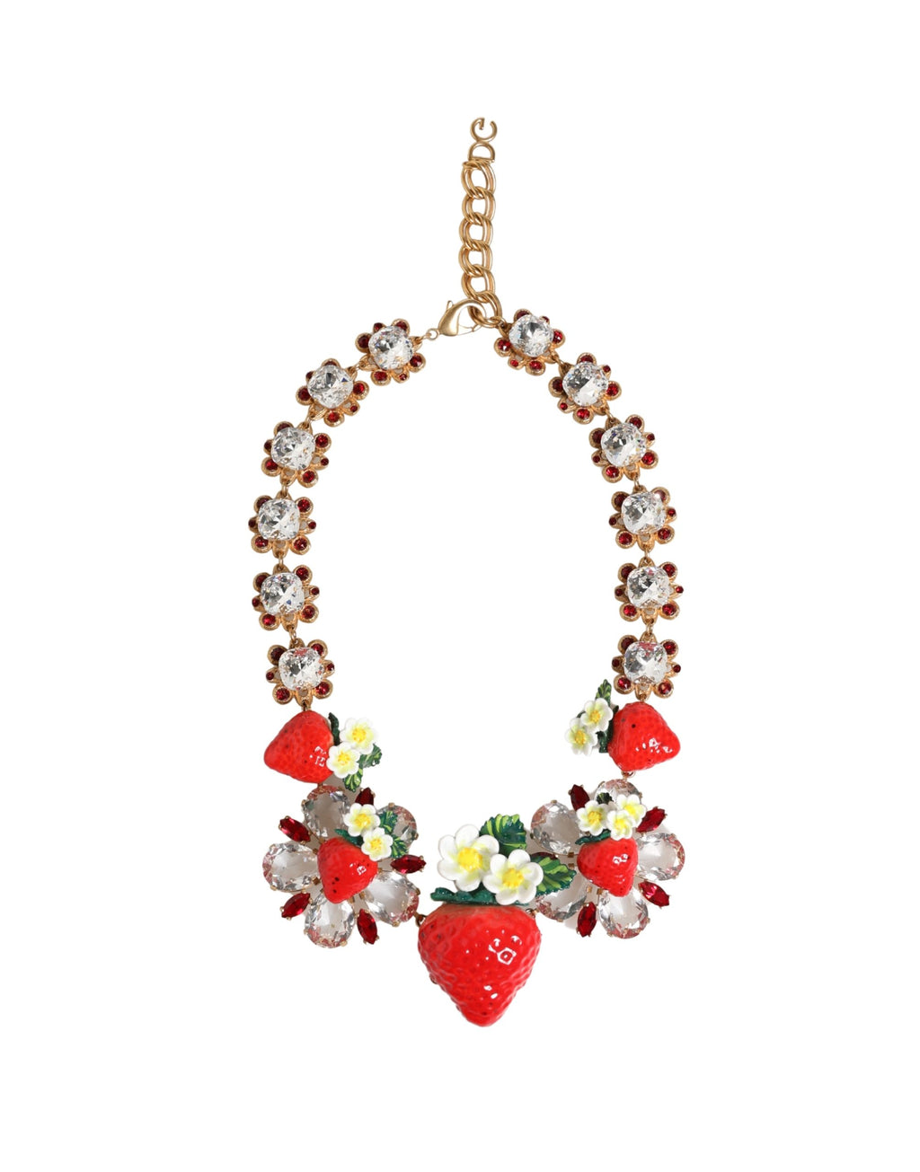 Collier Dolce & Gabbana en laiton doré avec pendentifs FRUITS, fleurs et logo en cristal
