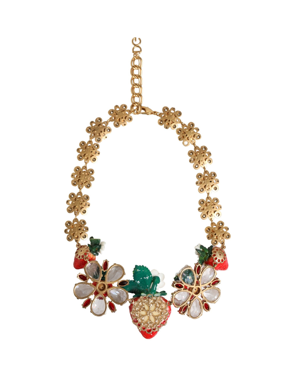 Collier Dolce & Gabbana en laiton doré avec pendentifs FRUITS, fleurs et logo en cristal