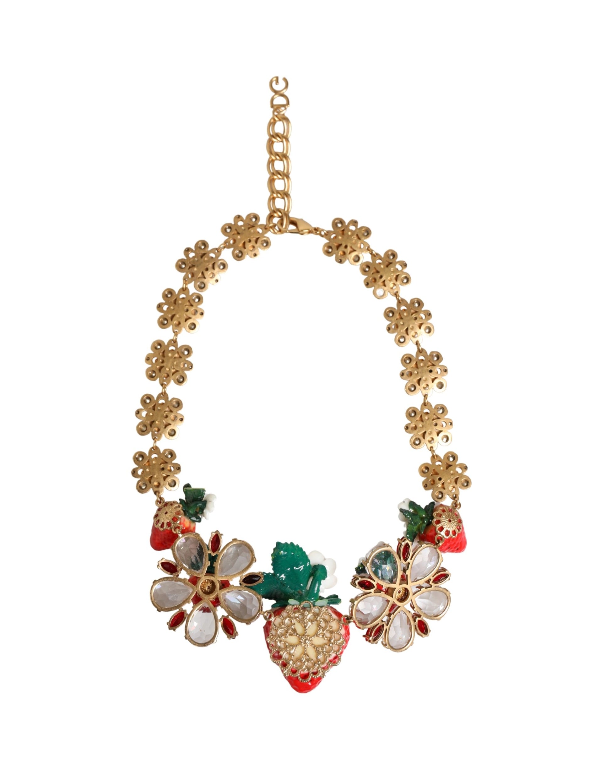 Collier Dolce & Gabbana en laiton doré avec pendentifs FRUITS, fleurs et logo en cristal