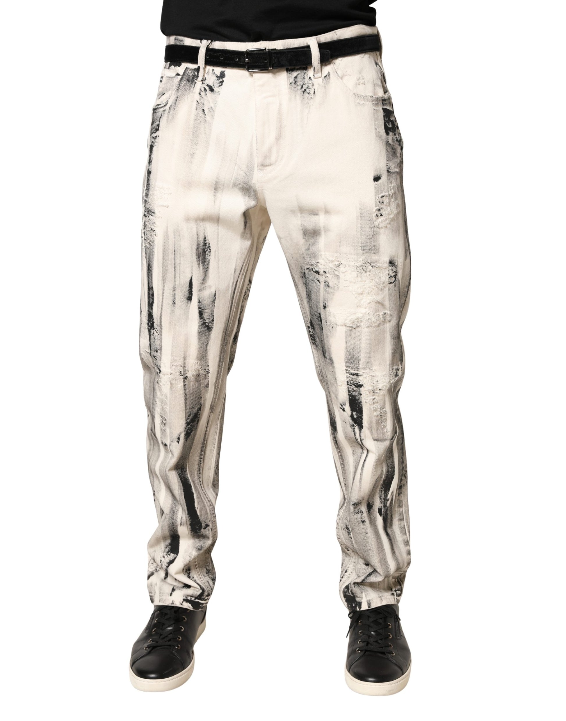 Jean en jean délavé blanc avec imprimé effet peinture Dolce & Gabbana