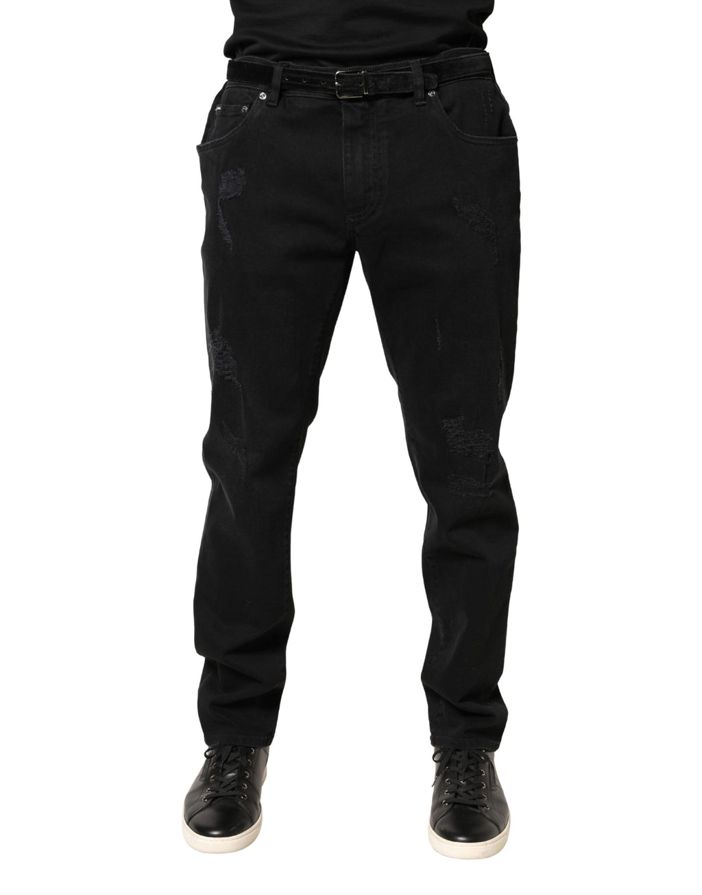 Jean slim en denim de coton noir effiloché Dolce & Gabbana