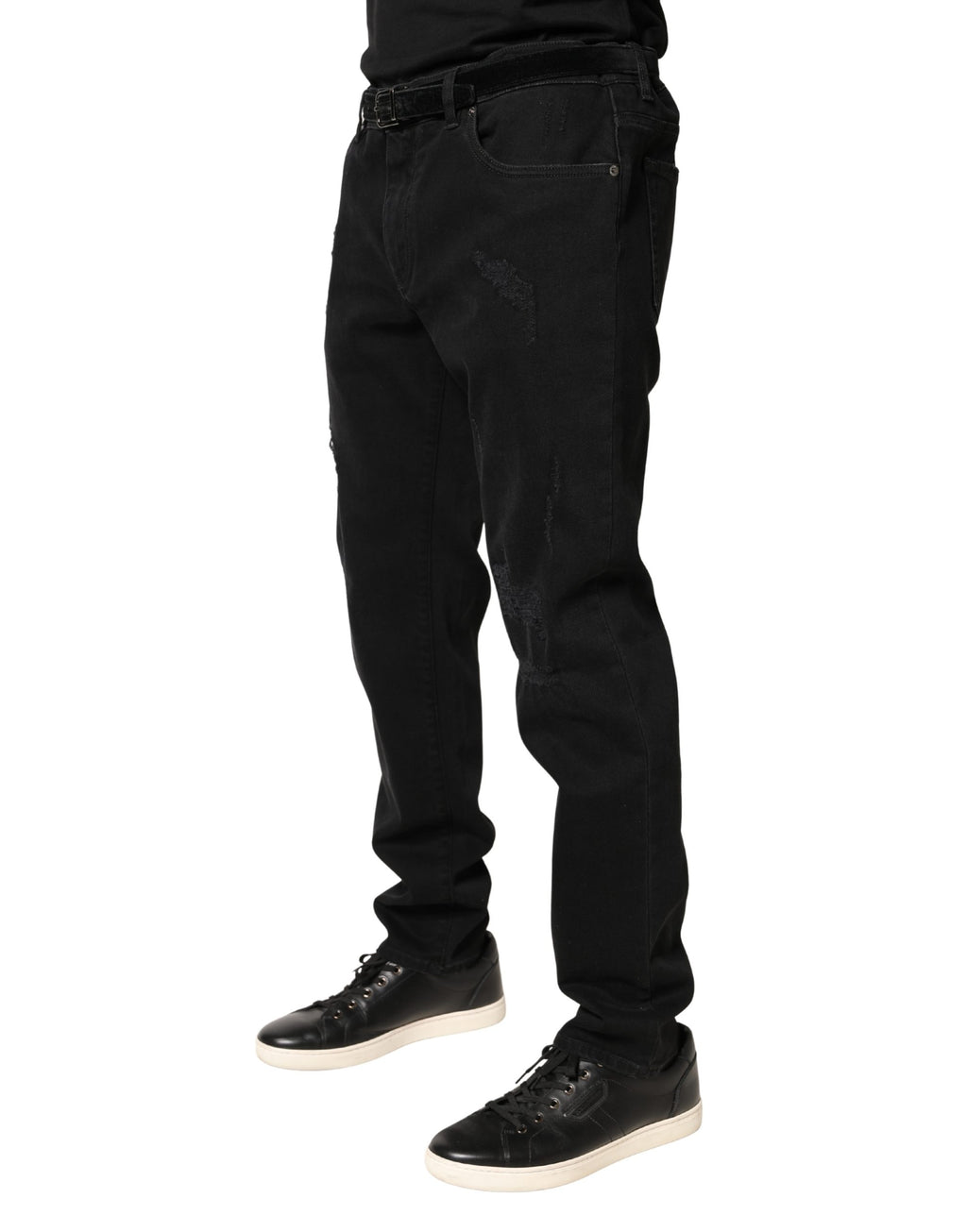 Jean slim en denim de coton noir effiloché Dolce & Gabbana