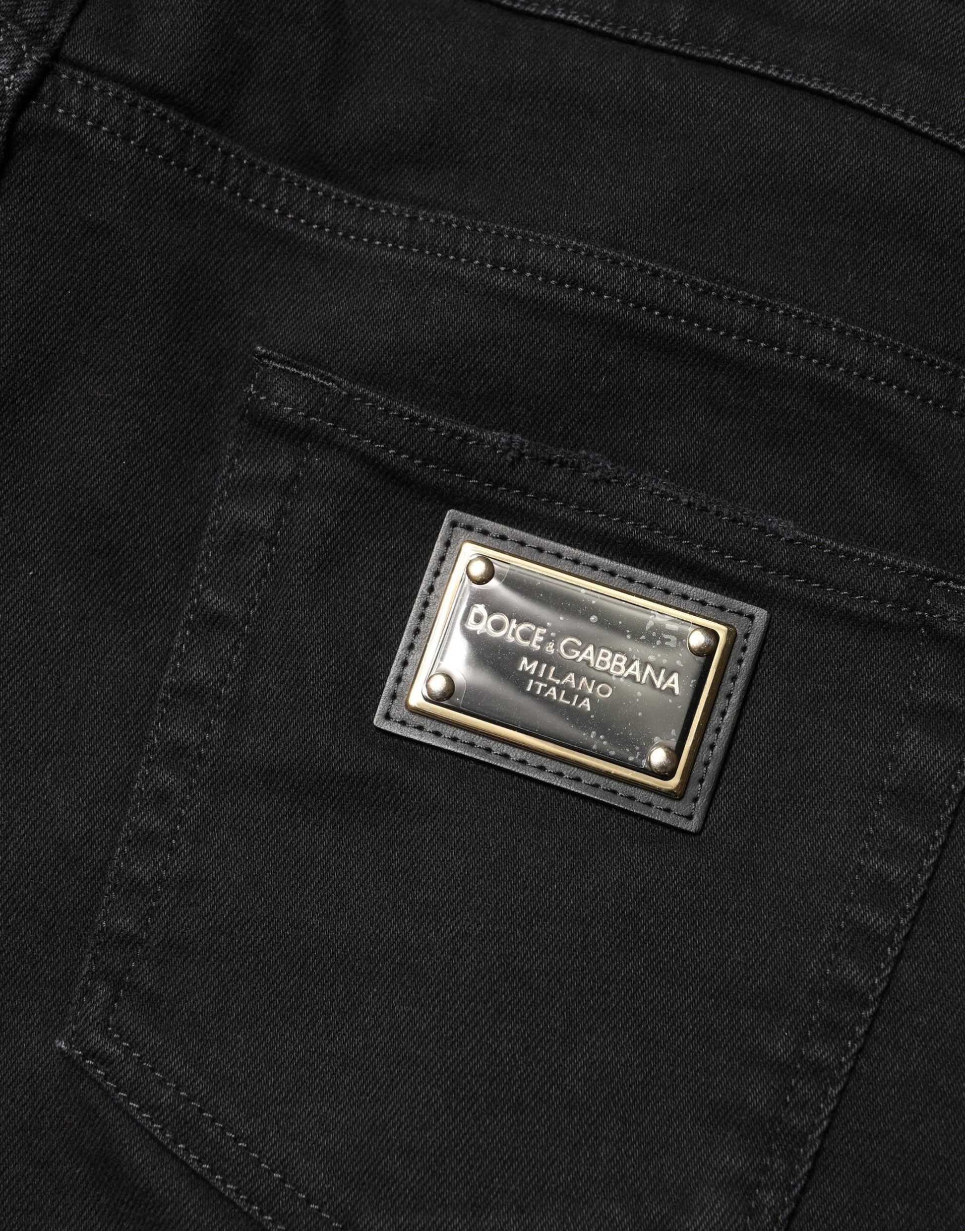 Jean slim en denim de coton noir effiloché Dolce & Gabbana