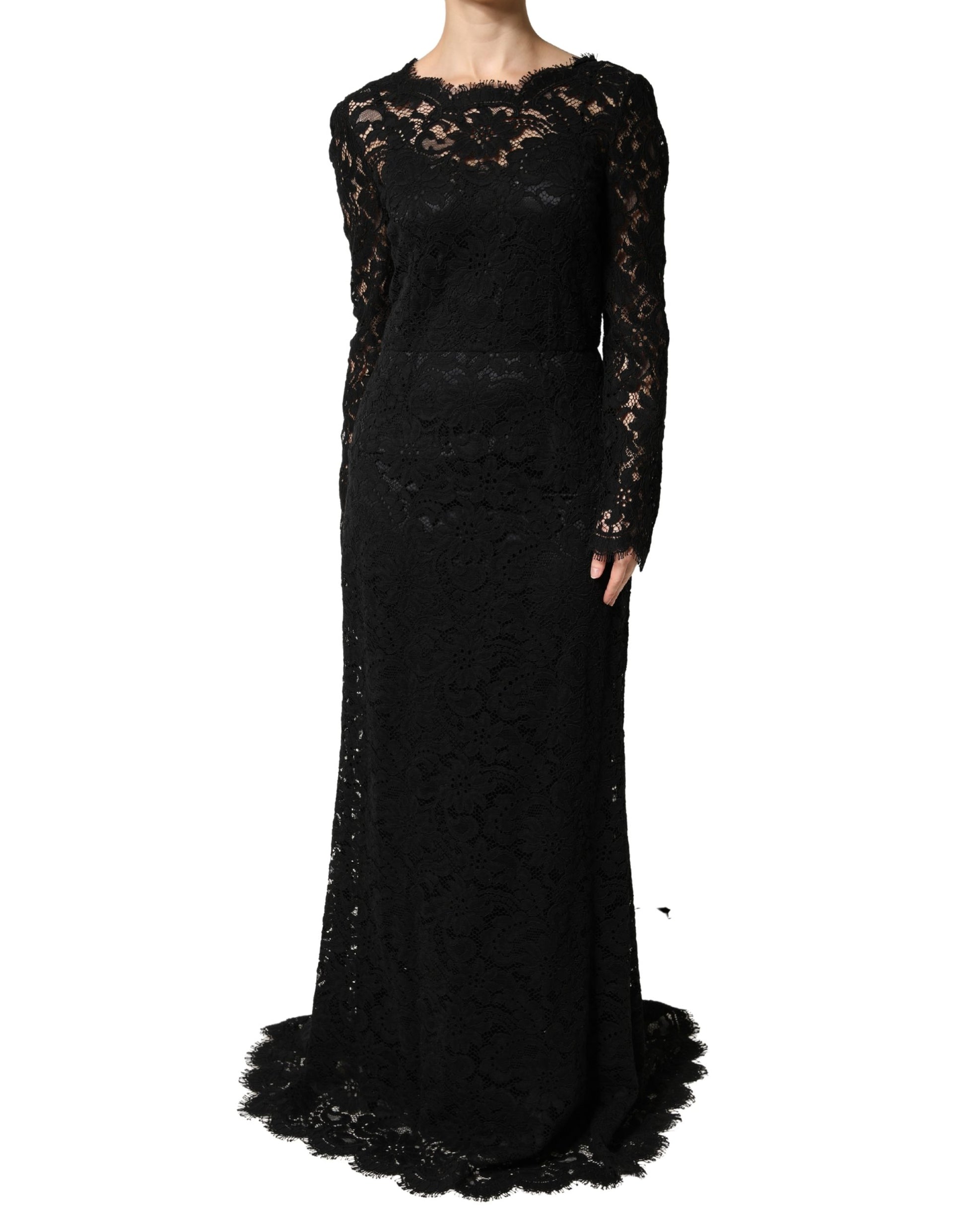 Robe longue maxi en coton à manches longues en dentelle noire Dolce & Gabbana