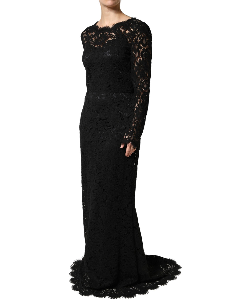 Robe longue maxi en coton à manches longues en dentelle noire Dolce & Gabbana
