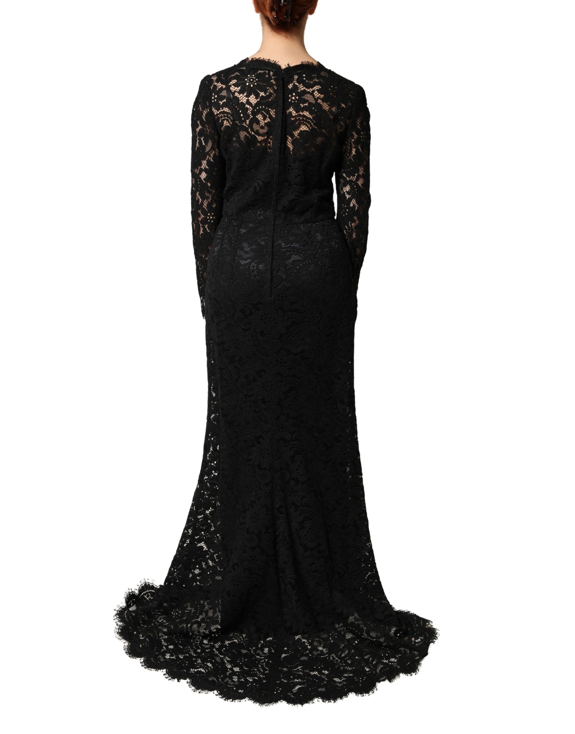 Robe longue maxi en coton à manches longues en dentelle noire Dolce & Gabbana